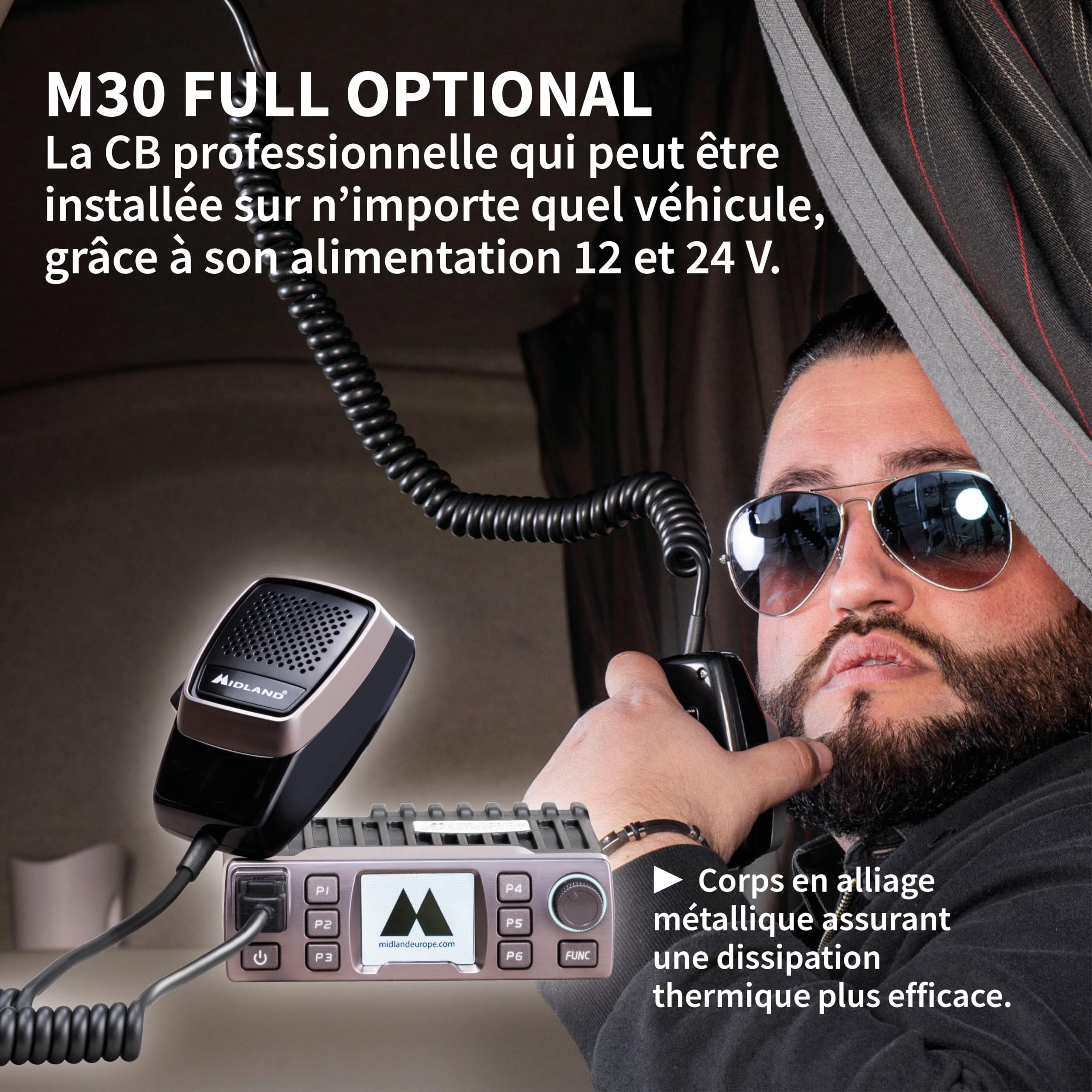 Midland- Radio CB M-30, Radio Récepteur Émetteur Professionnel Portable no Licence Multibande AM/FM Compatible avec 12V/24V, Écran TFT Couleurs, Squelch Numérique, Noise Blanker Anti Bruit, Dual Watch