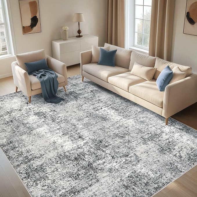 8x10 Washable Area Rug: Large Modern Abstract Rugs Soft Neutral Non Slip Ultra Thin Stain Resistant Indoor Carpet for Living Room Bedroom Dining Room Home Office(Grey)