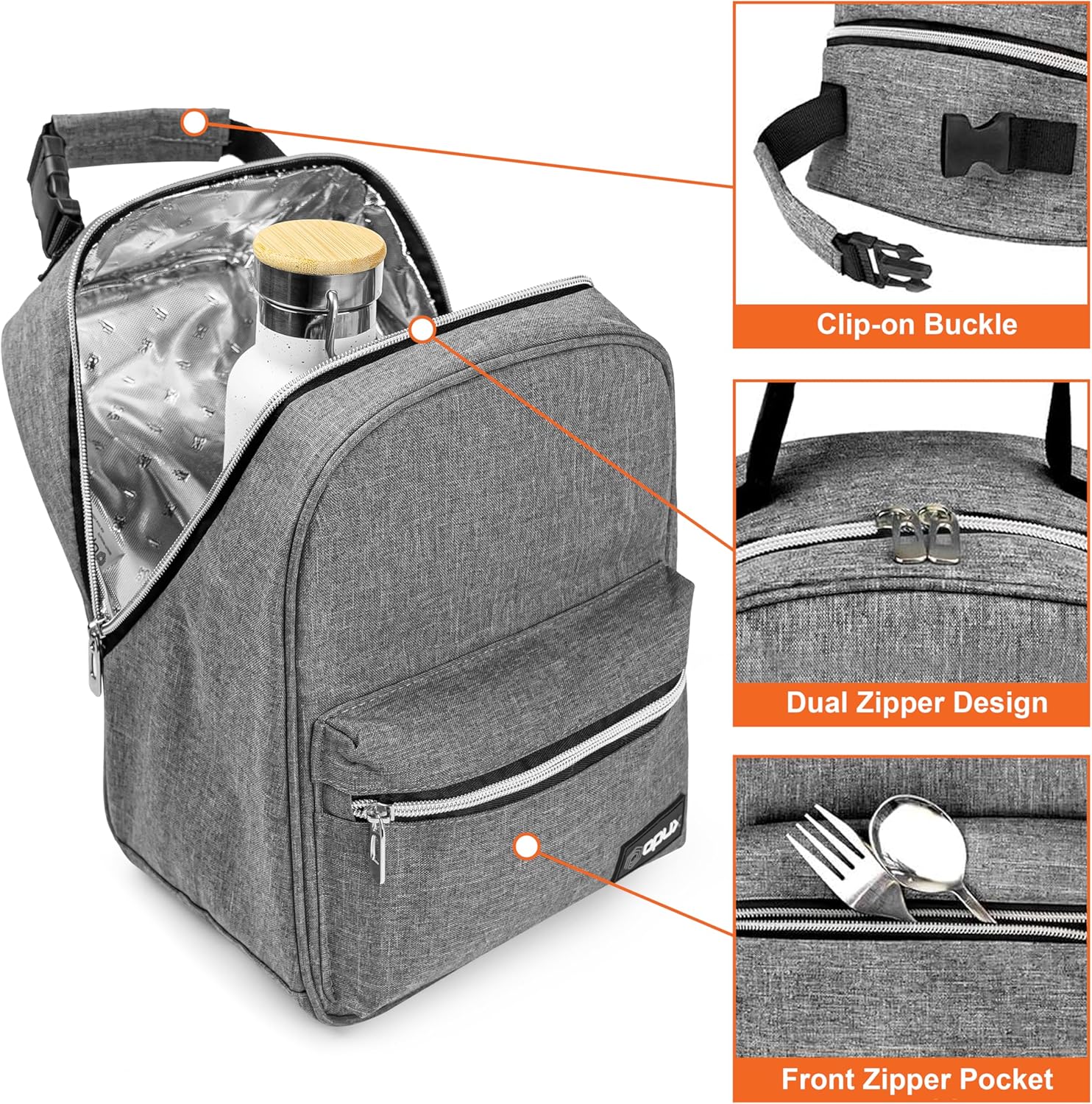 opux Lunch Box for Girls Boys Kids, Insulated Leakproof Lunch Bag, Reusable Teen Lunch Boxes for School, Medium Large lunchbox for Women Men Adult for Work with Front Back Pocket (Gray) - Image 4