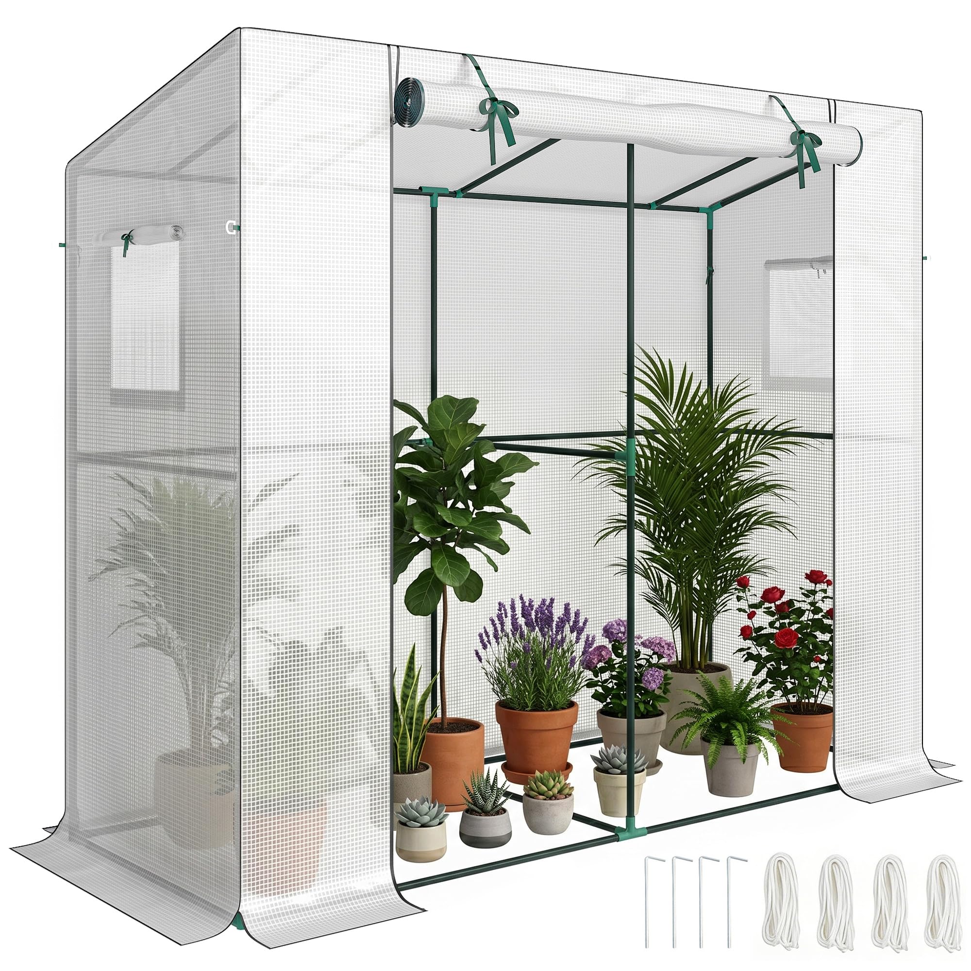 Outsunny Gewächshaus mit Rolltür 2 Fenster Winterfest 200x76x170cm Weiß | Foliengewächshaus aus Stahl, Treibhaus für Balkon Garten, Tomatenhaus mit UV Schutz, Tomatengewächshaus für Gemüse Blumen