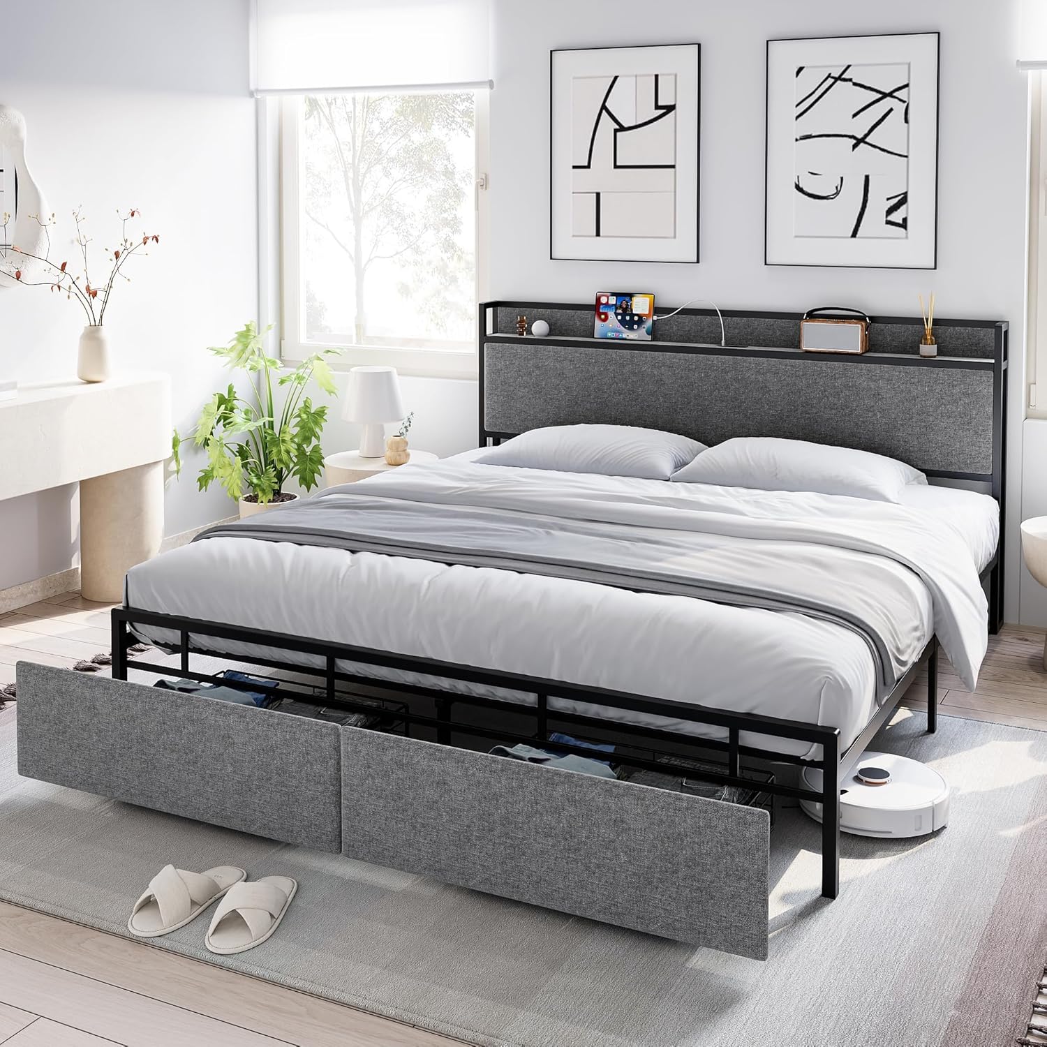 GarveeHome King Size Bed Frame with USB Ports and 2 Storage Drawers, Modern Platform Bed with Upholstered Shelf Headboard, Sturdy, Noise Free, No Box Spring Needed, Gray