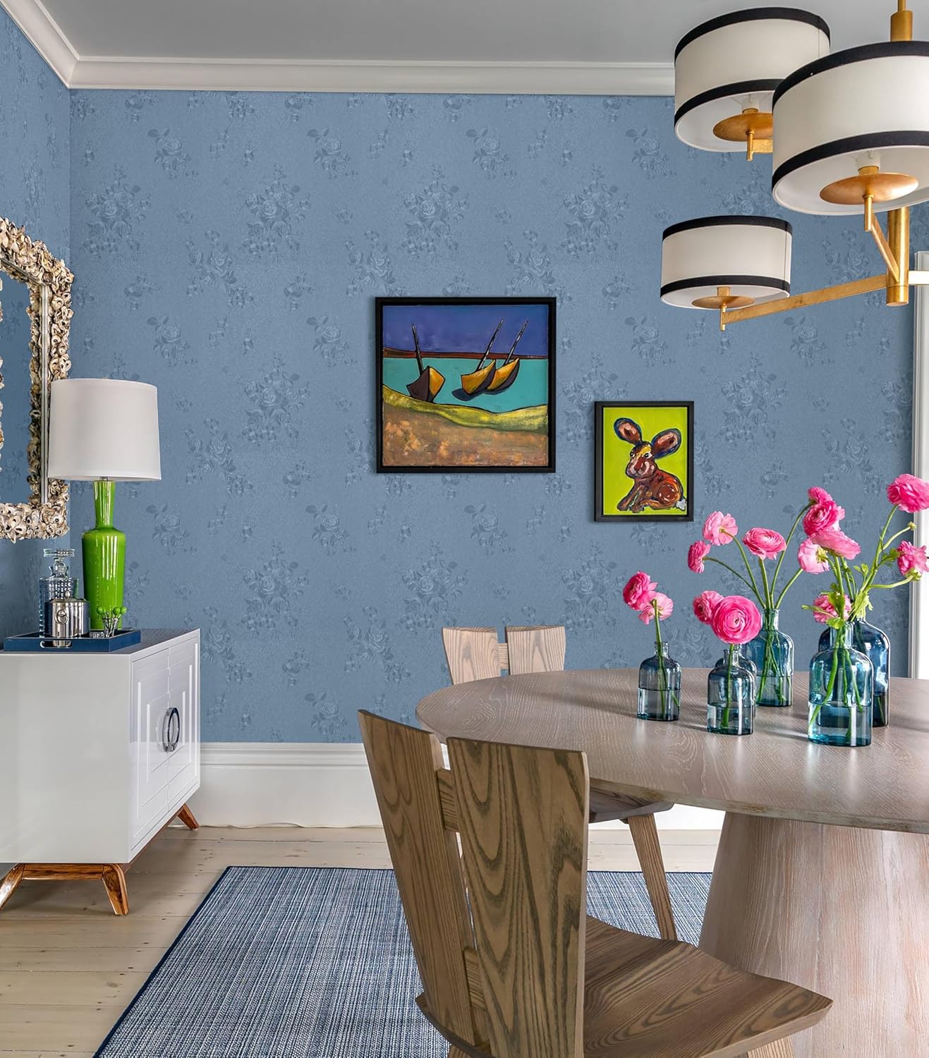 Erfoni 394"x17.7" Grey Blue Floral Embossed Wallpaper for Livingroom Decorative Thicken Peel and Stick Wallpaper Floral Textured Removable Contact Paper Vintage Pure Blue Self Adhesive Wall Paper