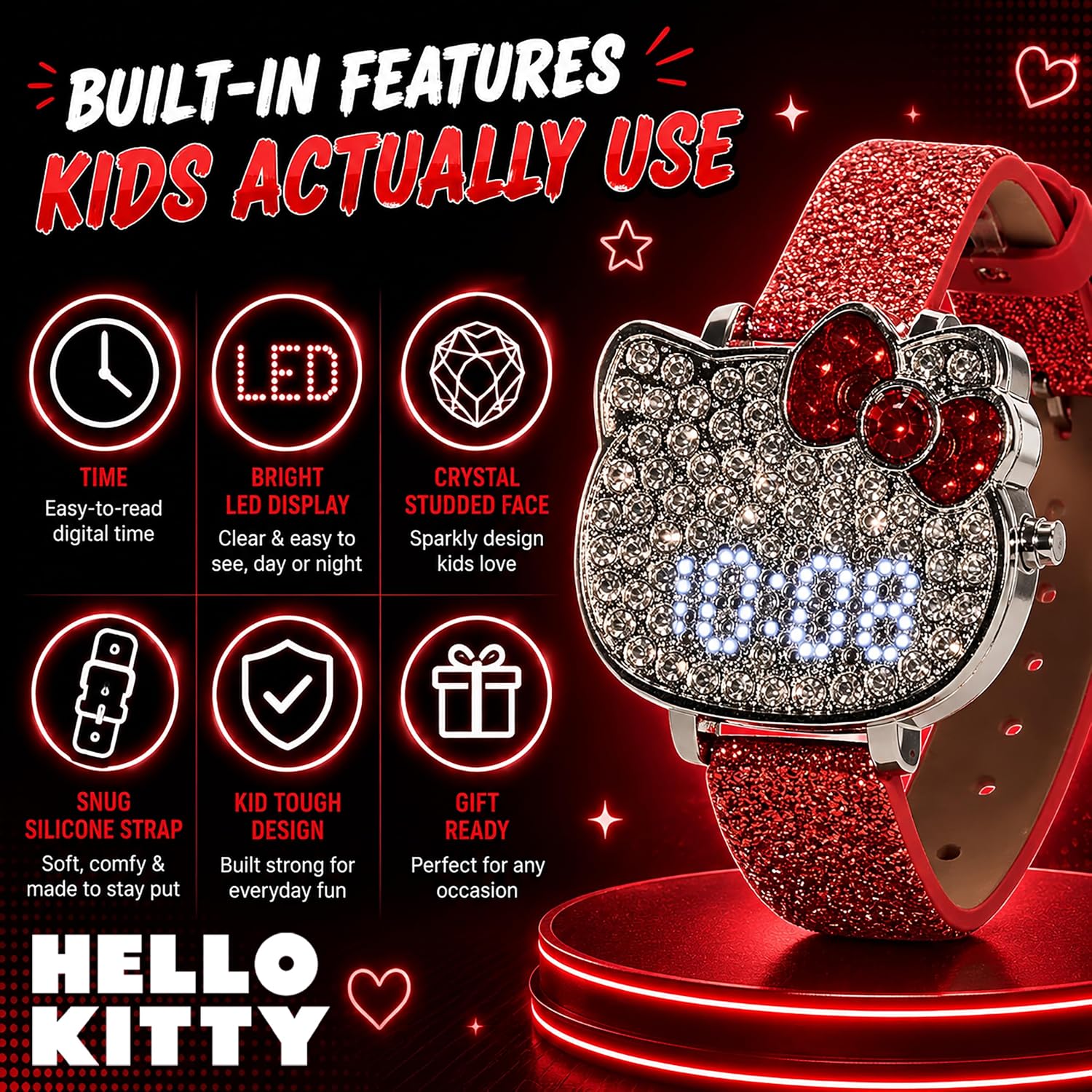 Hello Kitty Girls LED Digital Watch with Crystal Face and Red Glitter Strap