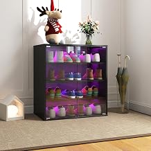 Sneaker Display Case with RGB LED Light, 4-Tier Stackable Shoe Storage Cabinet with Tempered Glass Door, Wooden Shoe Organizer with Remote Control Color Changing Light for Collectibles