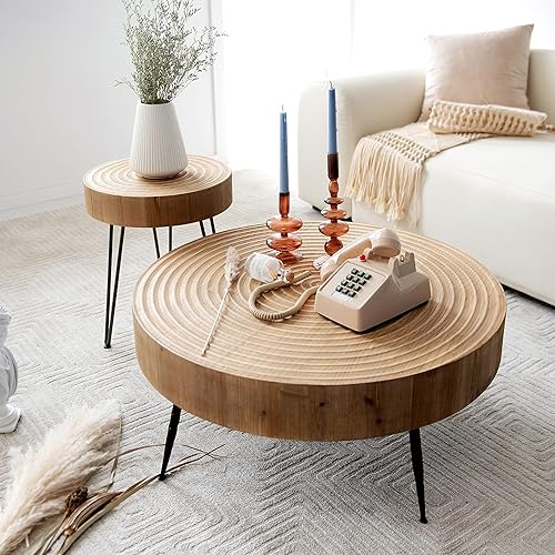 Miniatura 8 de LONYKE 2-Piece Boho Farmhouse Nesting Table with Handcrafted Wood Ring Motif, Round Natural Finish Coffee Table Set for Living Room, French Country