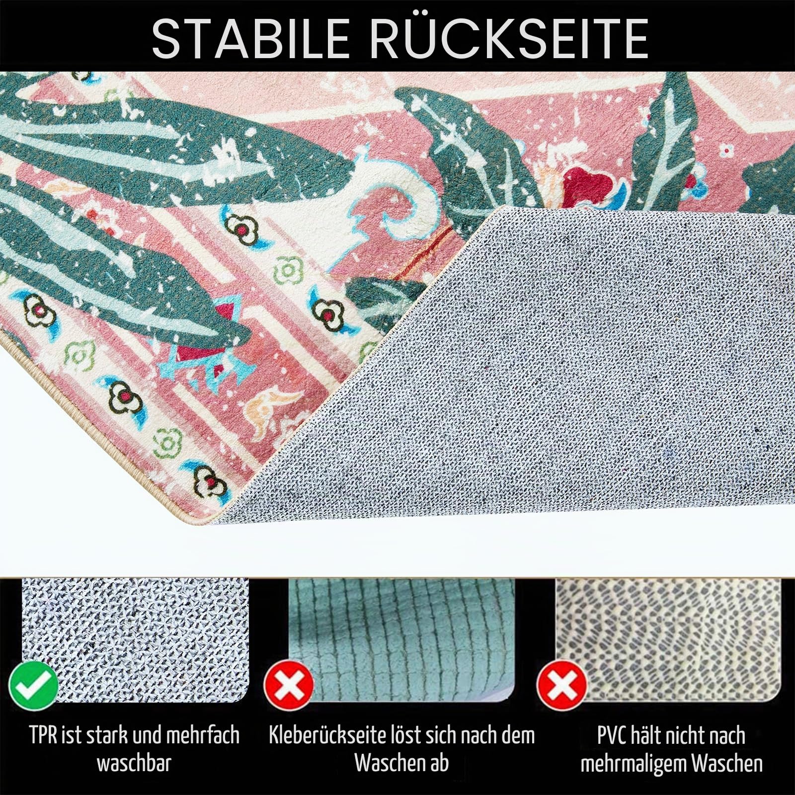 Waschbarer rosa Teppich, dünn, orientalisch, Boho, Vintage, niedlich, tropischer Leopard, 1,5 m, rund, für Schlafzimmer, Küche, Esszimmer, Wohnzimmer, Büro, Eingangsbereich, Used-Look,
