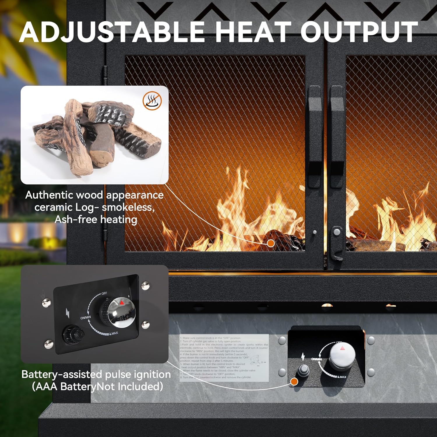 35" Outdoor Propane Fireplace with Tank Storage, 50,000 BTU Outdoor Gas Fire Pit with CSA Certified, Adjustable Flame, Dust Cover, Smokeless Ceramic Wood for Patio, Garden, Deck, Grey