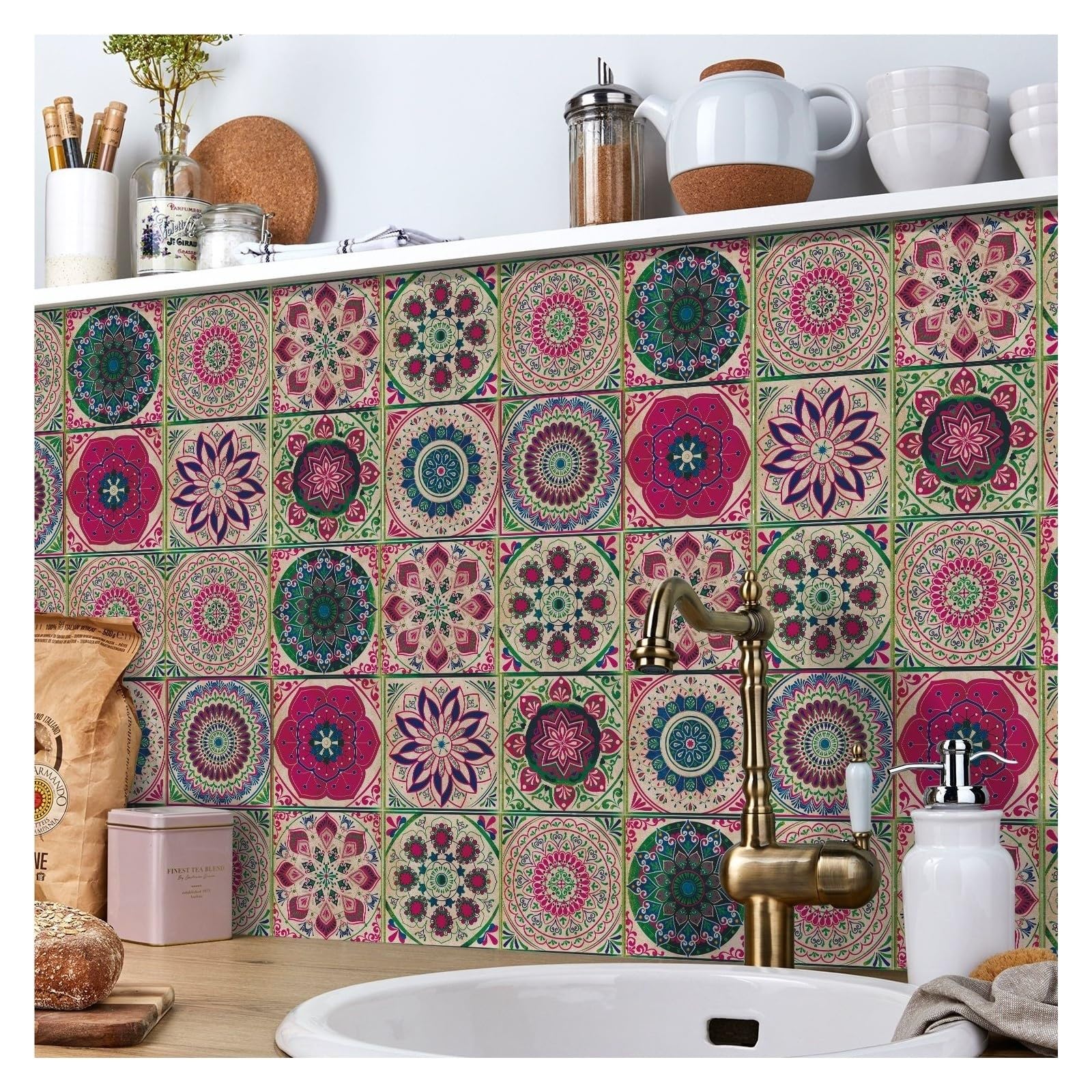 24 Uds. Pegatinas de pared autoadhesivas de Pvc impermeables, azulejo marroquí, decoración de papel tapiz for sala de estar y cocina(HZ55,L=20 * 20 * 24PCS)