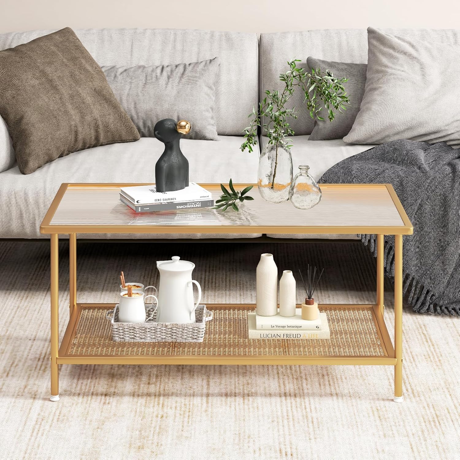 Tangkula Glass Coffee Table, 2-Tier Rectangular Tempered Glass Center Table w/Metal Mesh Storage Shelf, Modern Accent Table with Gold Metal Frame for Living Room & Small Spaces (Gold, 35.5”L)
