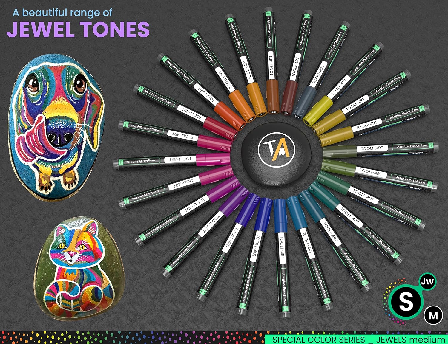 TOOLI-ART Acrylic Paint Markers Paint Pens Special Colors Set For Rock Painting, Canvas, Fabric, Glass, Mugs, Wood, Ceramics, Plastic, Multi-Surface. Non Toxic, Water-based (JEWEL M) image 3