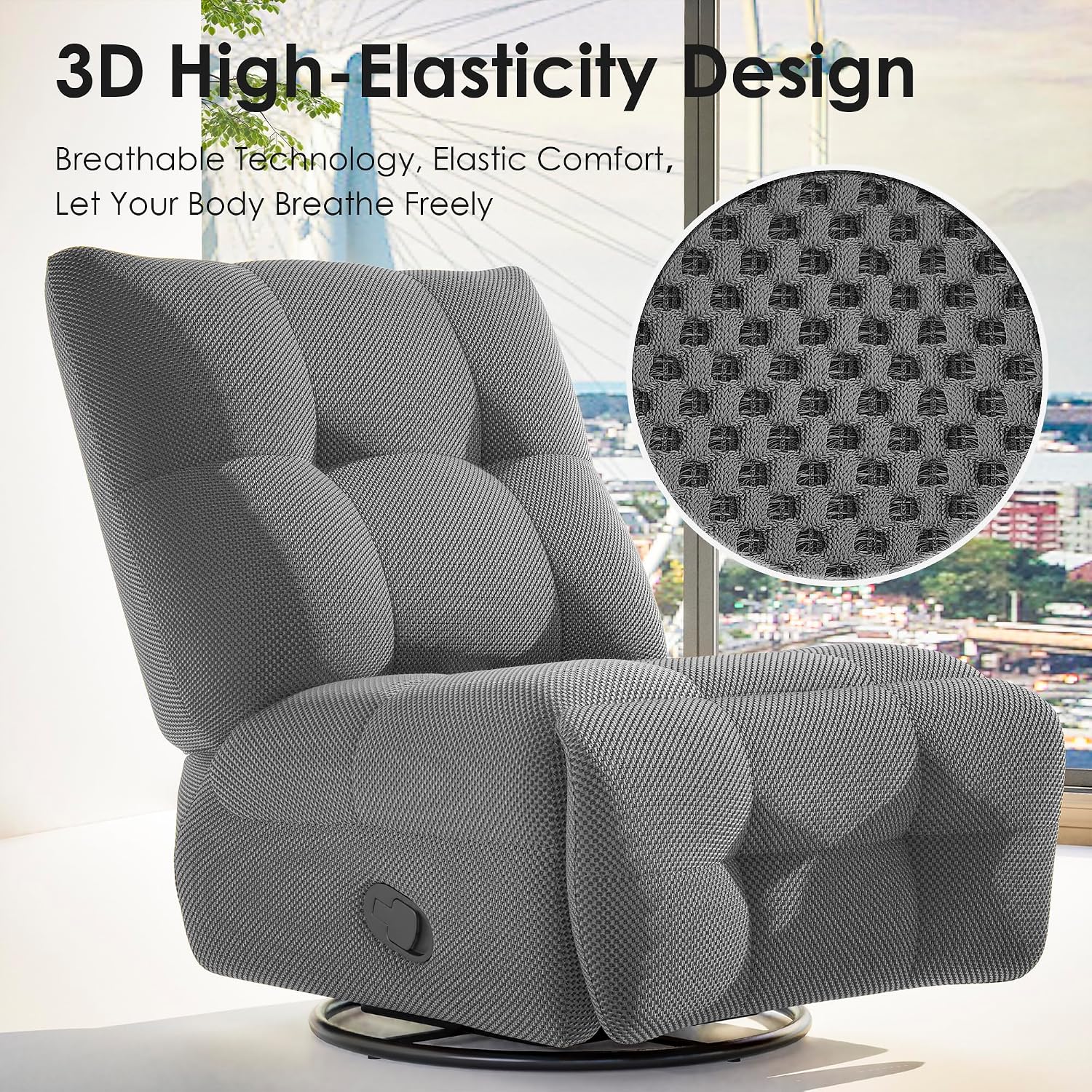 Artistic Freedom Recliner Chair 3-in-1 Reclining Swivel Rocker Chair Armless Caterpillar Design Breathable 3D Mesh, Statement Piece for Creative Spaces,Living Room, Bedroom,Nusery (Grey)