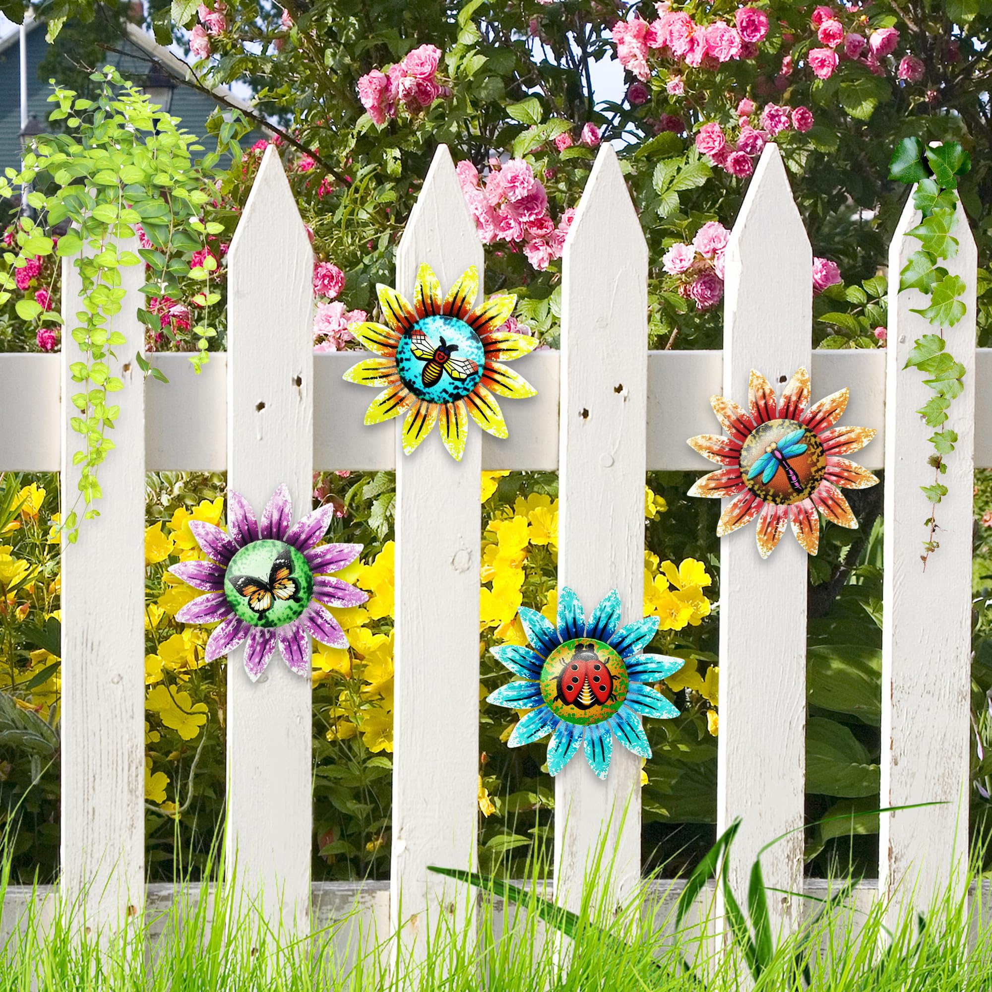 Jiusely Multicolor 4Pcs Garden Wall Art Decoration Ornament, 3D Colorful Hanging Wall Art Wall Decoration Ornaments, Metal Sunflower Garden Ornaments Outdoor Sculptures Wall Decor For Yard Shed Fences Decorations