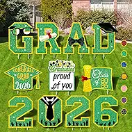 Graduation Decorations 2026 Green and Gold, 11 Pcs Graduation Yard Signs Class of 2026, 15" Large Shimmering Grad Signs for Lawn Garden Pathway, High School College Grad Party Decor Outdoor