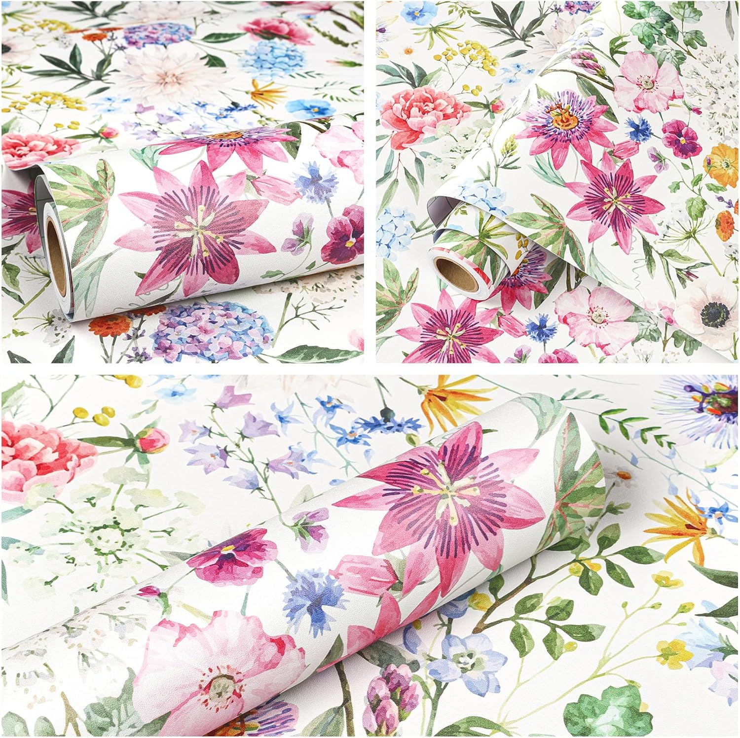 ReWallpaper 15.8inx23ft Pastel Pink Blue Floral Peel and Stick Wallpaper Cottage Core Peony Lily Daisy Poppy Flowers Self Adhesvie Wall Covering for Girls Room Living Room Bedroom Laundry Room Accent