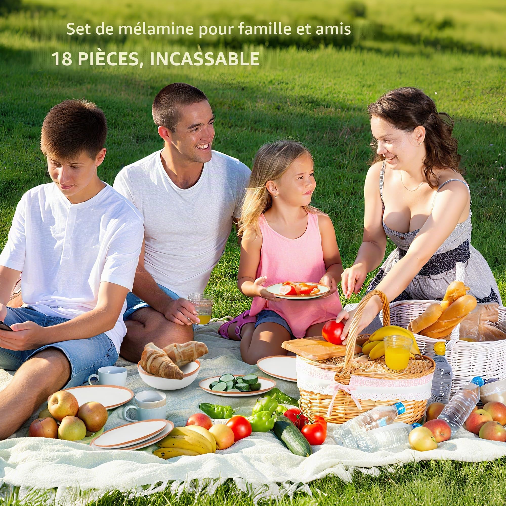 Service de table de camping pour 6 personnes, 18 pièces en mélamine au design vintage, service combiné robuste pour les fêtes de jardin, les fêtes sur la terrasse et les pique-niques