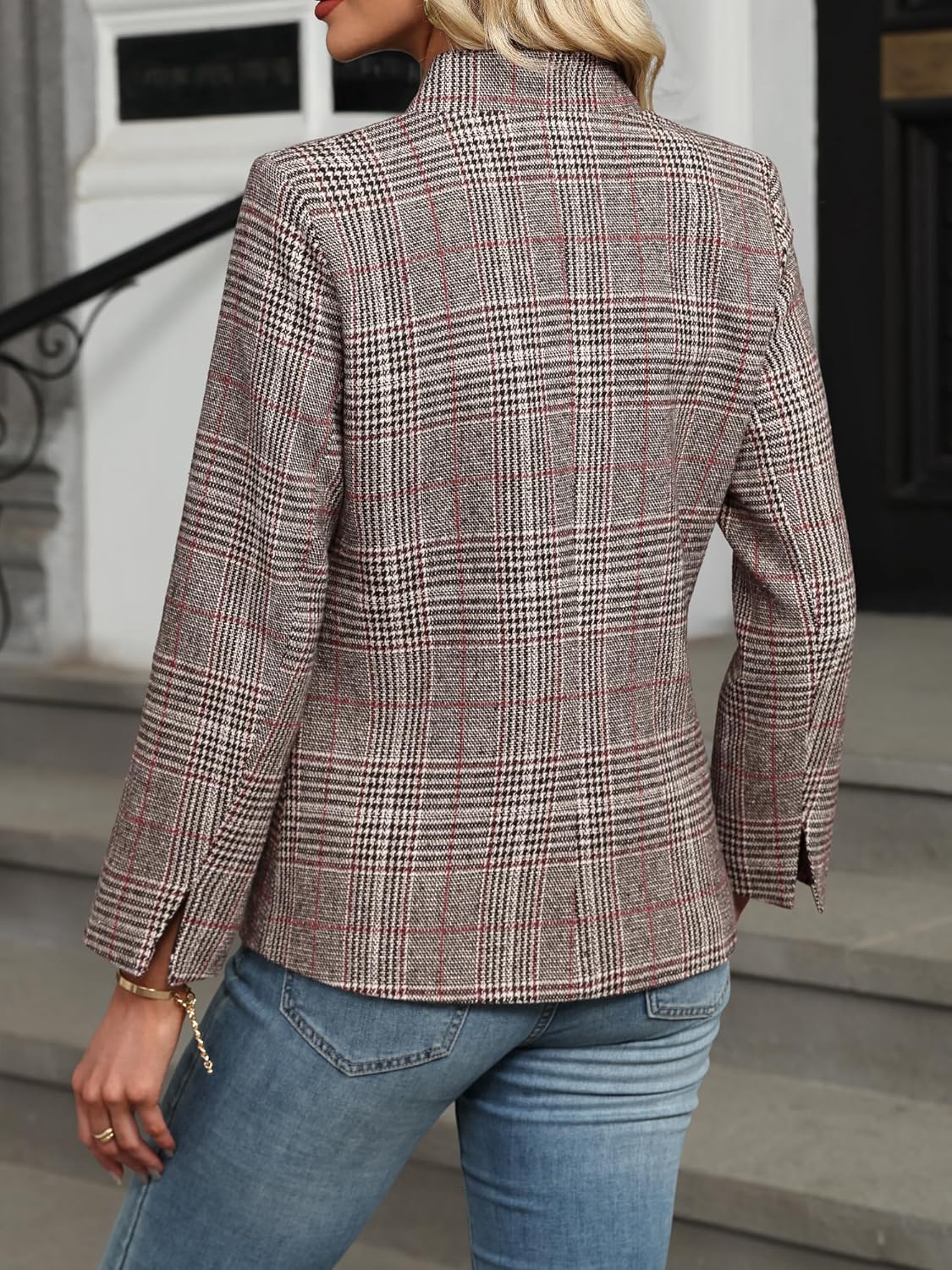 ELLEVEN Women's Plaid Blazer Open Front Stand Collar Houndstooth Suit Boyfriends Jacket for Work Casual - Image 2