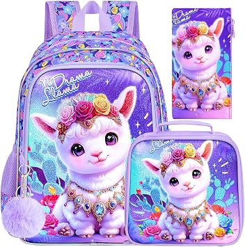 gxtvo 3PCS Alpaca Bookbag for Girls, 16" Kids Backpack with Lunch Box, Water Resistant Elementary School Bag for Preschool Toddler
