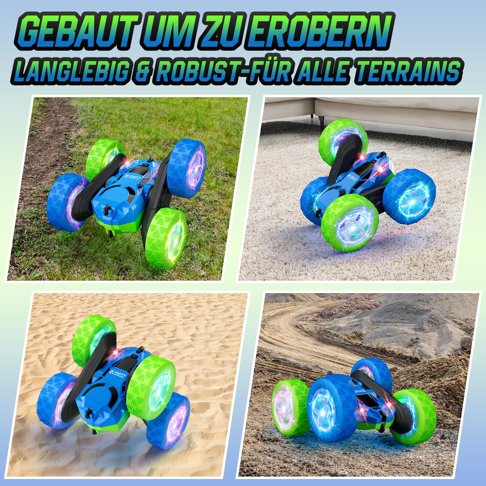 cosone Voiture Télécommandée pour Enfants - avec Lumières de Roue Cool - Rotation à 360 ° - Jouet pour Garçon de 6, 7, 8, 9, 10-12 Ans, (Bleu et Vert)
