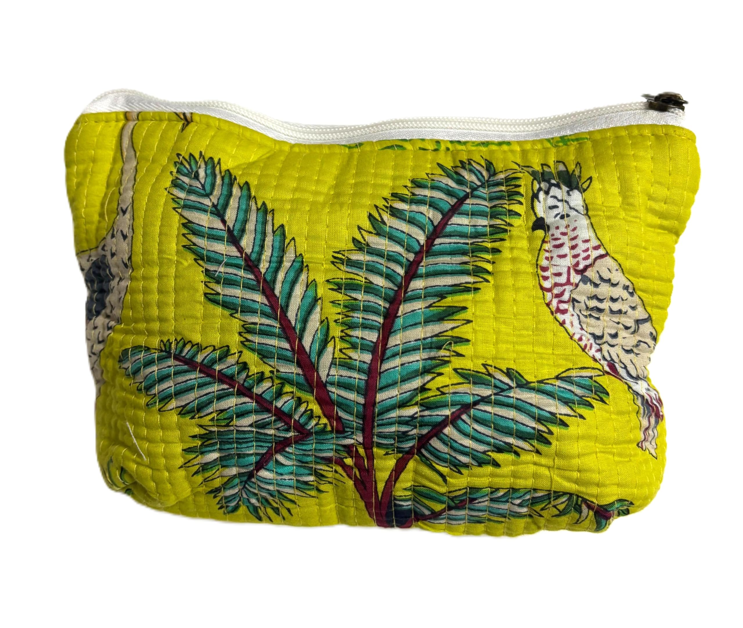 Set of 1 Jaipur Textiles Multipurpose Quilted Pouch I Travel Organiser Kit I Pure Cotton I Waterproof Inner Linning | Hand-Block Printed I Leaf Green I Beautiful Bird Design Pattern-image-36