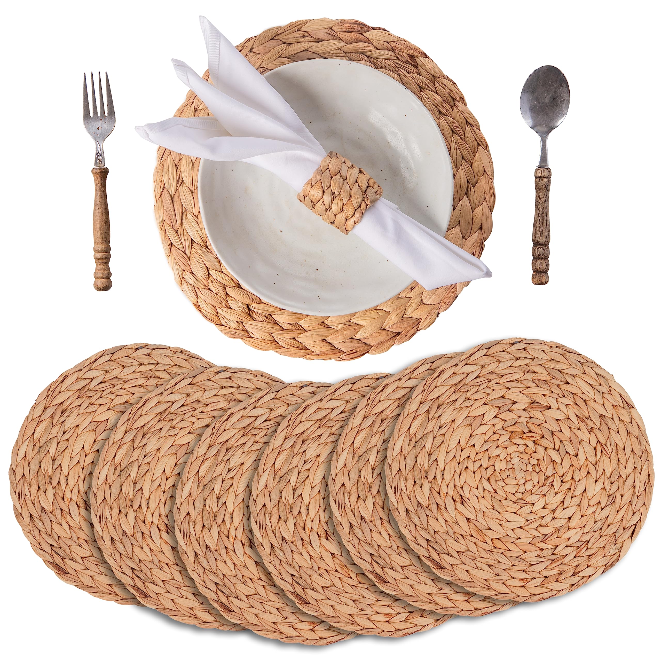 Laquedecraft 13.8" Round Water Hyacinth Placemats Set of 6 | Boho Rattan Woven Table Mats | Farmhouse Spring Plate Chargers | Table Wicker Placemat