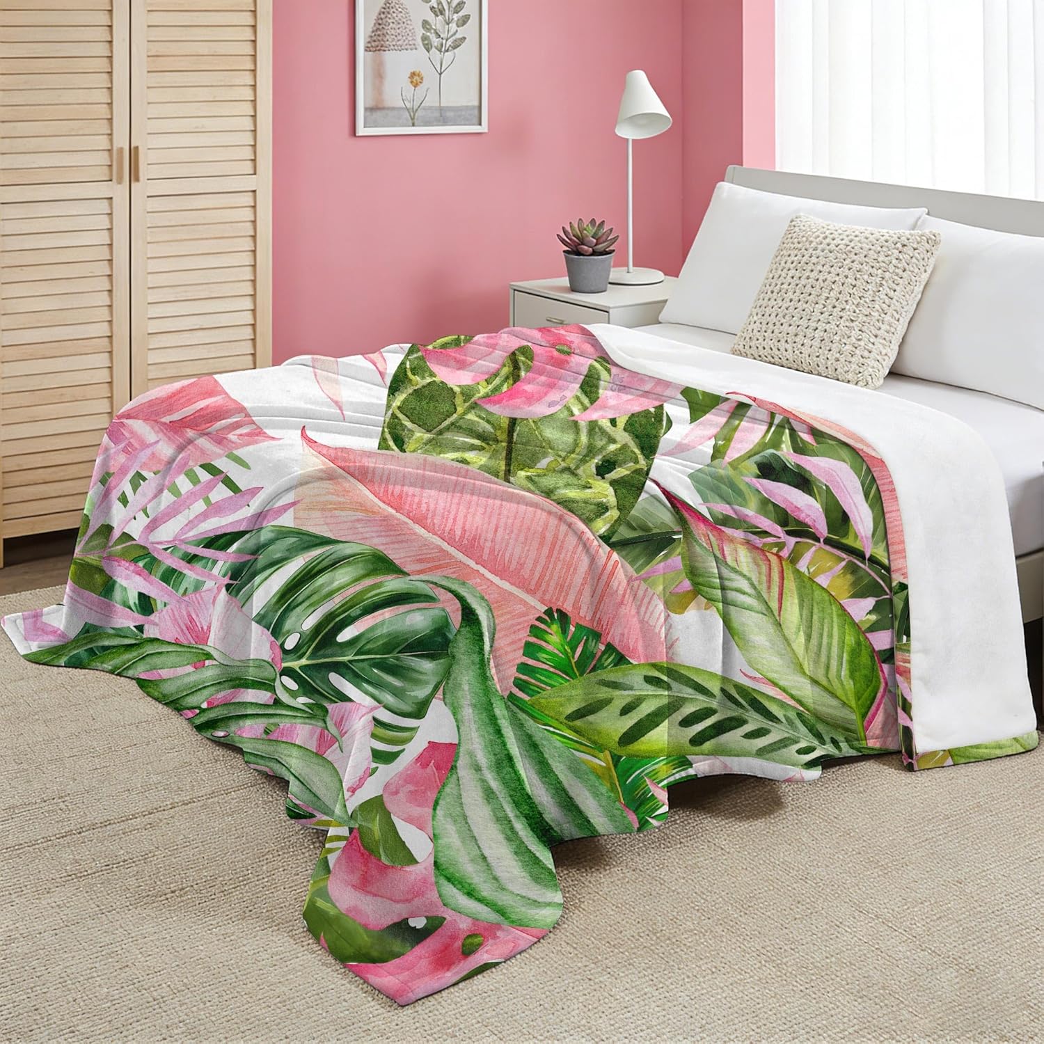 Pink and Green Tropical Palm Leaf Throw Blanket Monstera Leaves Jungle Plant Flannel Blankets for Couch Bed Living Room Sofa, Decorative Patterned Super Soft Cozy, 60x80 in