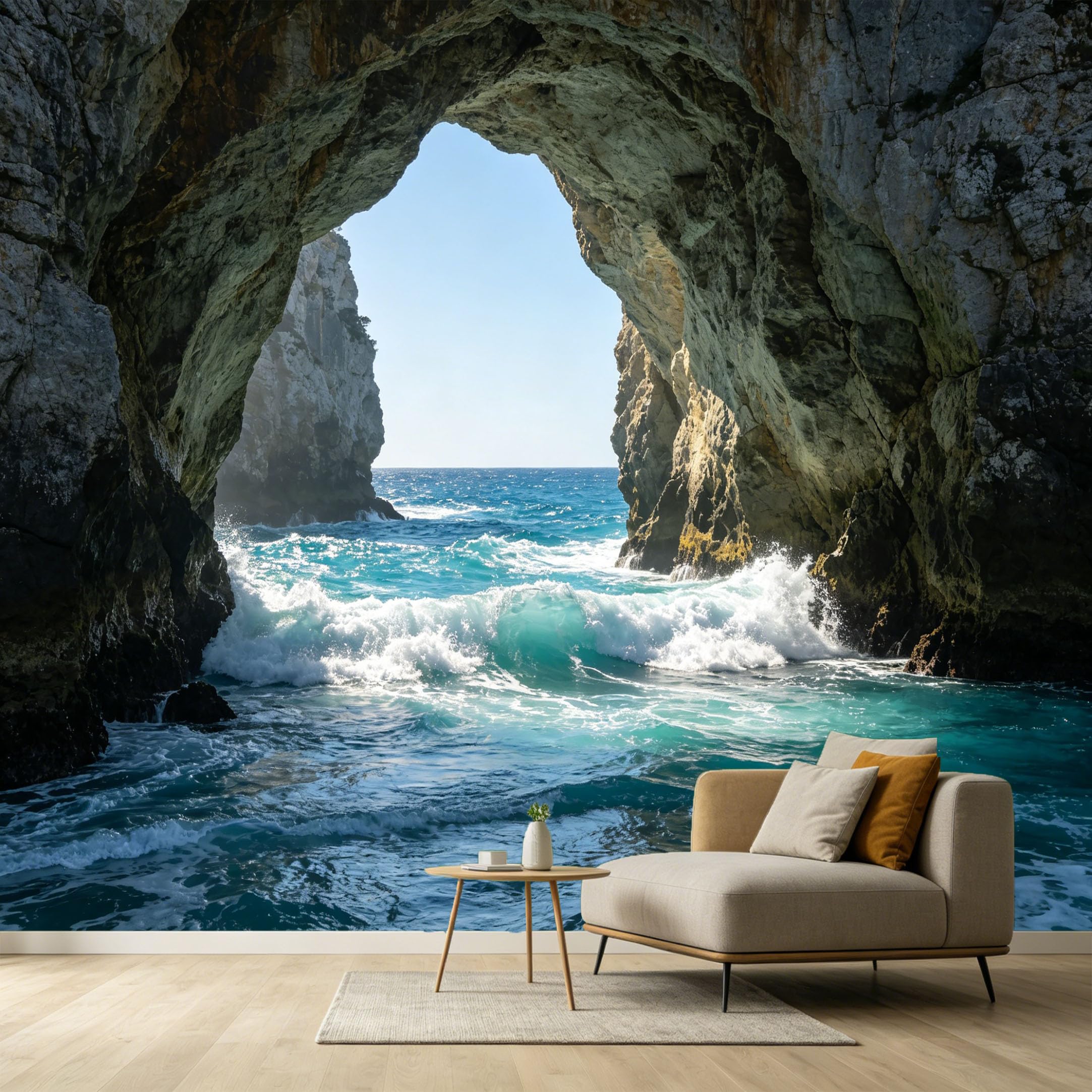 Custom Size Wall Murals Coastal Ocean Marine Natural Scenery Rocky Sea Cave Blue Waves SelfAdhesive Wall Fabric Removable Large Wallpaper for Photo Living Room