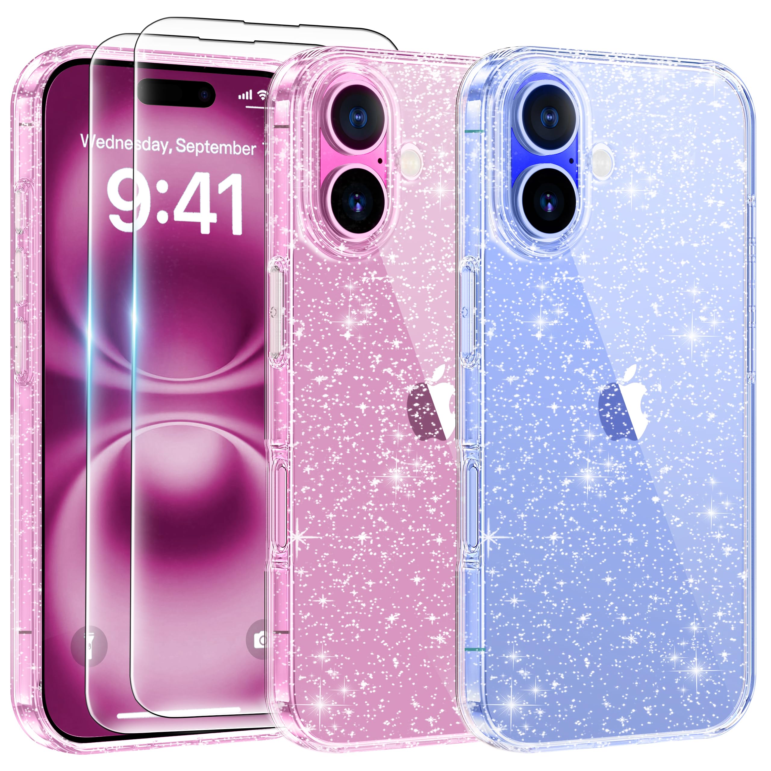 AROYI 3 in 1 Clear Glitter Case for iPhone 16 Plus Case with 2 Tempered Glass Screen Protector, Soft Bumper Anti-Scratch Sparkle Bling Women Girls Phone Case for iPhone 16 Plus 6.7"