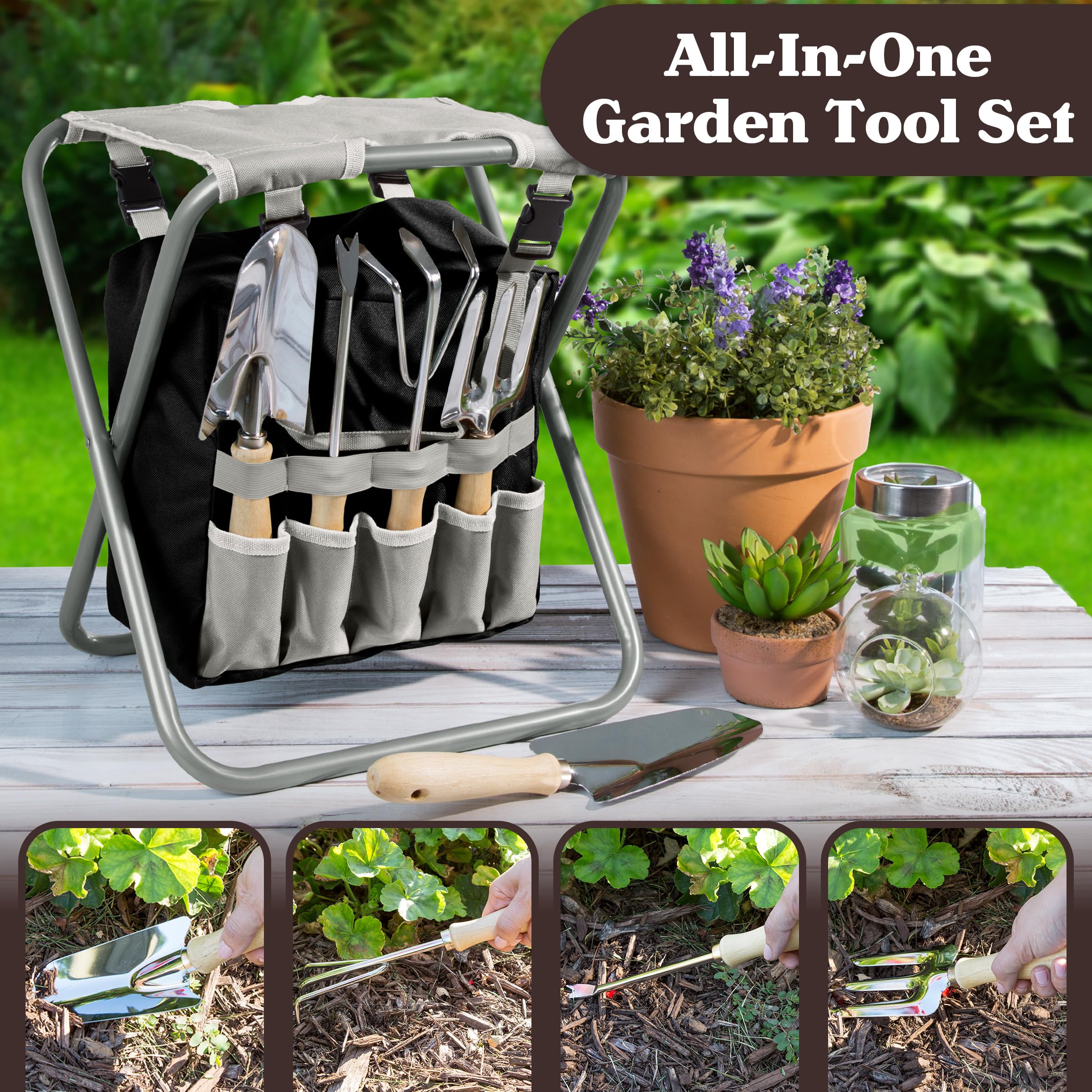 Pure Garden Gartenwerkzeug-Set – Klapphocker mit 113 kg Kapazität, Abnehmbarer Tasche mit 7 Taschen und 5 Gartengeräten zum Jäten und Pflanzen (Grau)