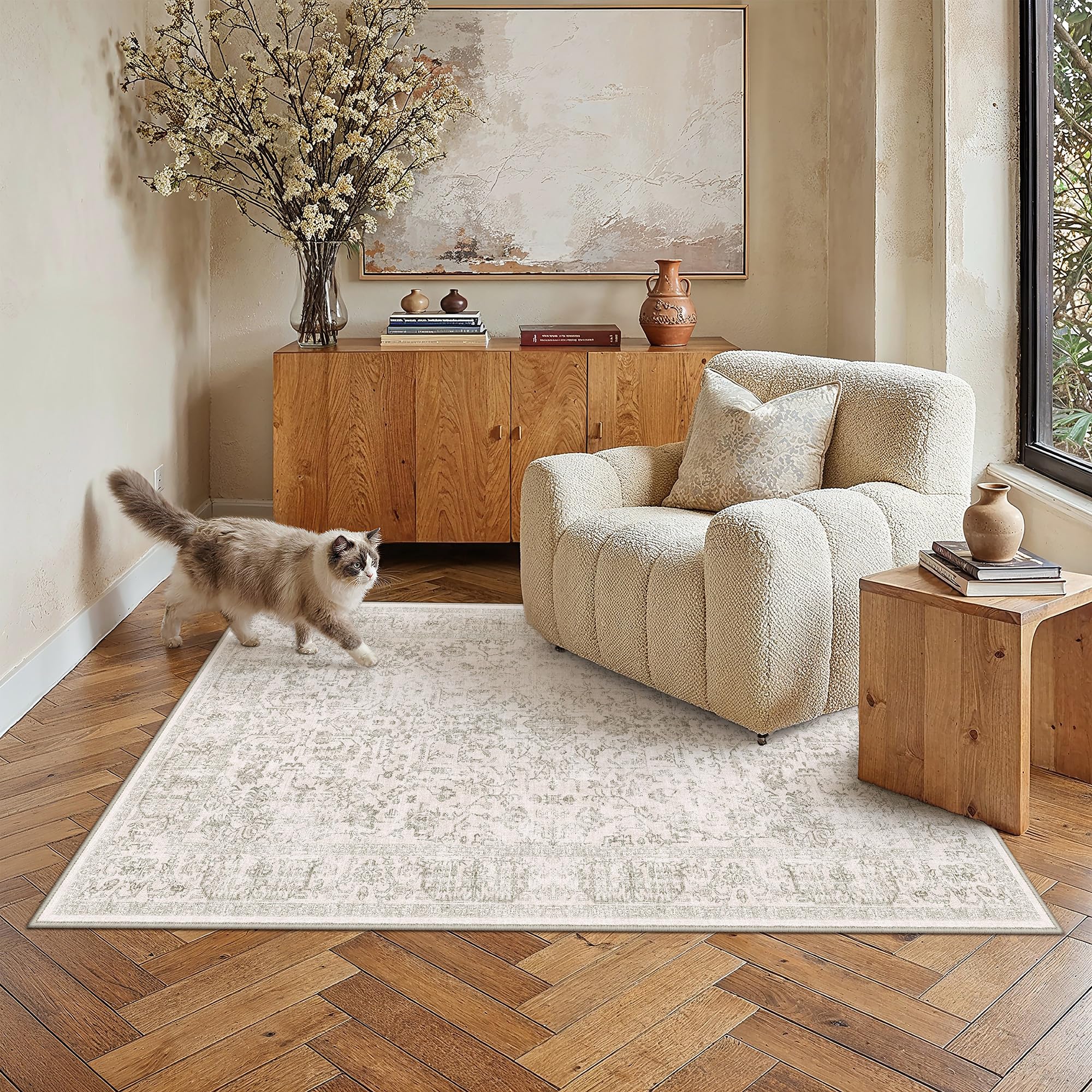 PureCozy Vintage Rugs Living Room Washable 120x170cm Beige Grey Carpet — image 1