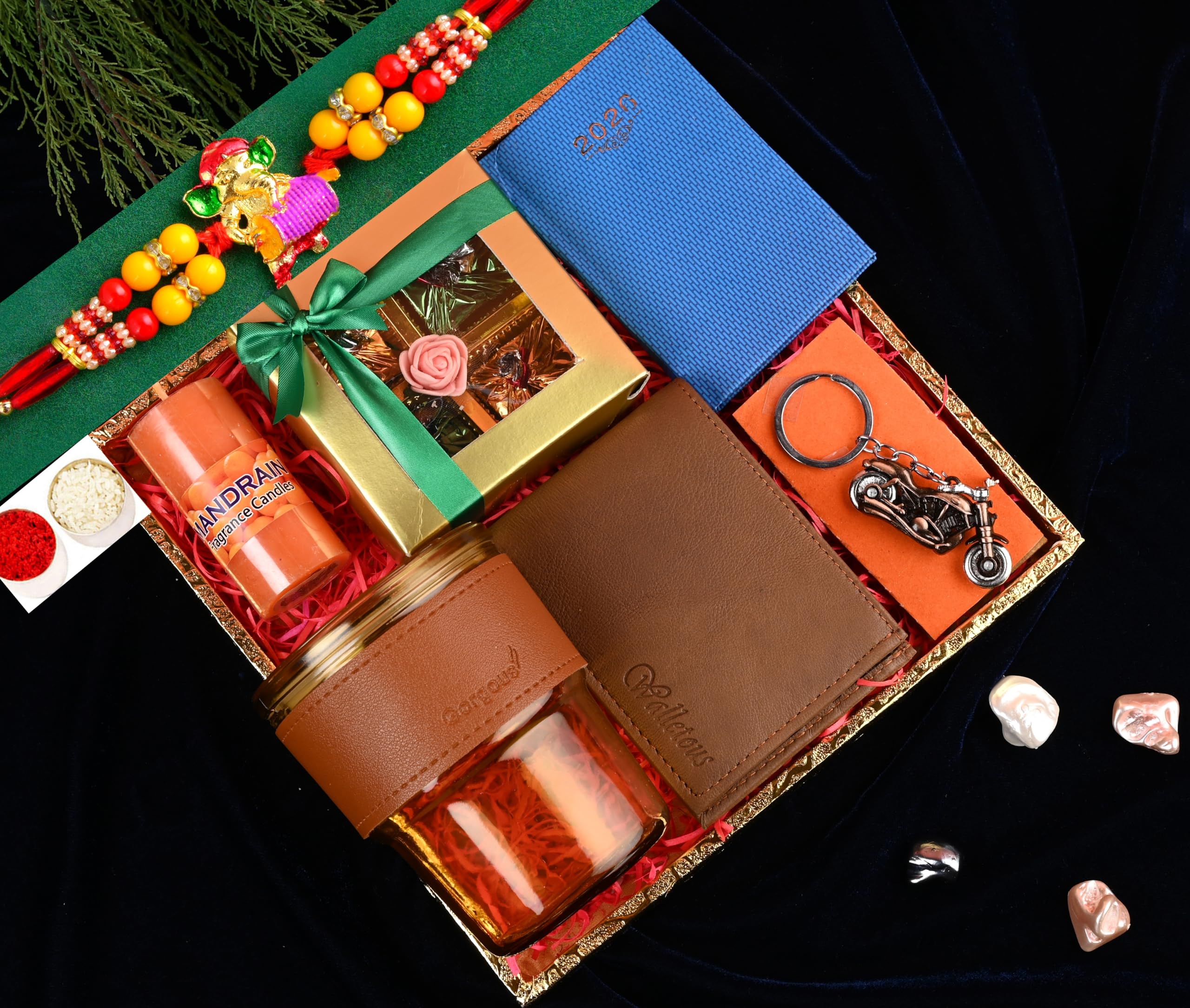 Rakhi set/rakhi set for brother/rakhi hamper for brother-Decorate tray+Ganesha rakhi+Chocolate box+Glass sipper+Men's wallet+metallic bike keychain+pocket diary+Rakhi Card-image-15