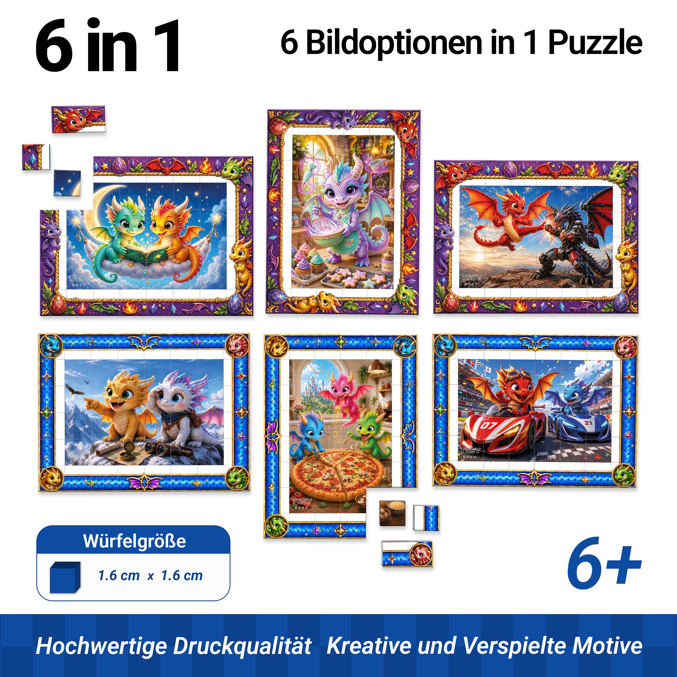 TOSY Picture Cube Dragon Tales: 6-in-1 magnetisches Bilderpuzzle, 48 Blöcke, 288 Puzzleflächen, 1,6 cm, B063, Nahtlose UV-Kunst… – Ansicht 2