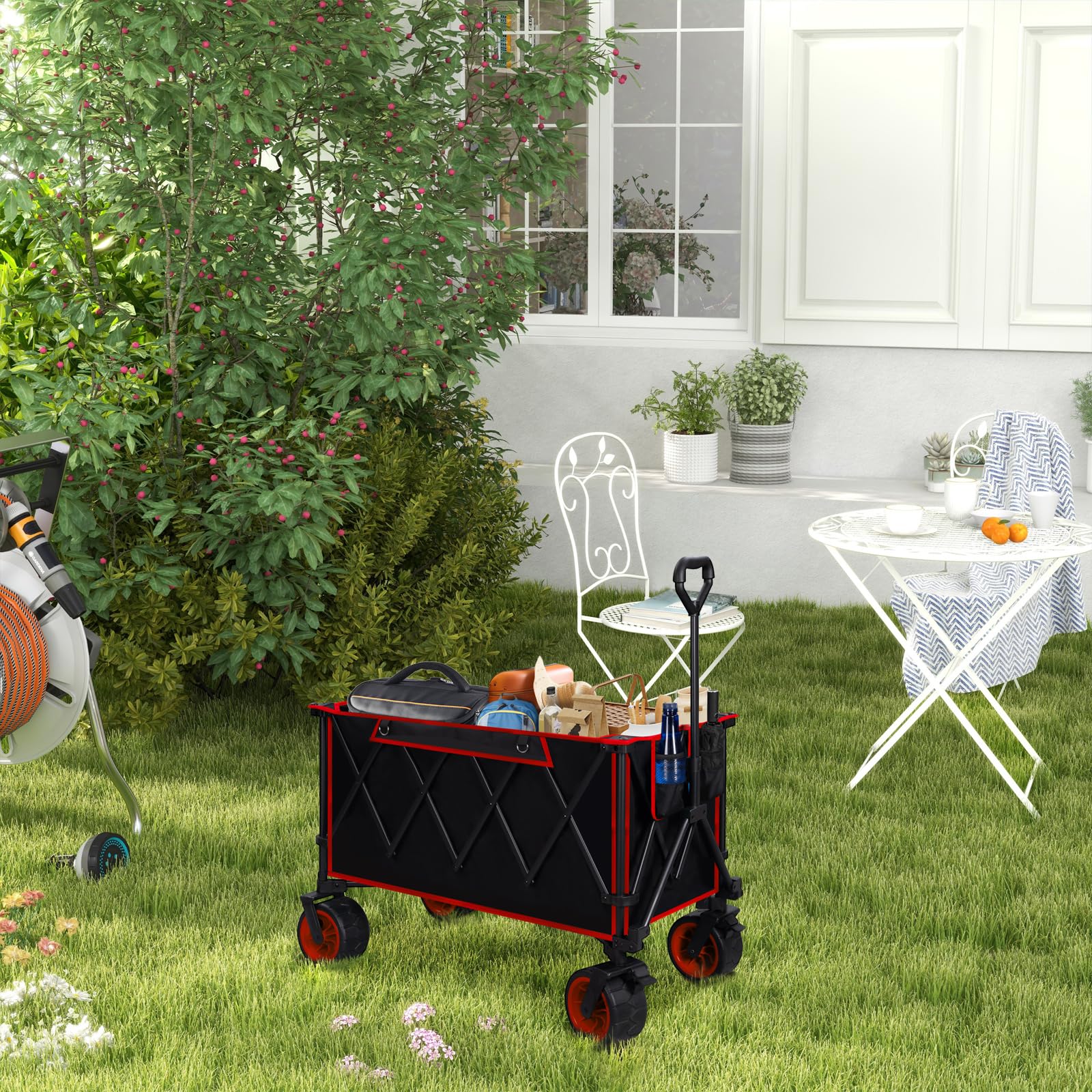 WOLTU Carrello Pieghevole con Ruote da Spiaggia, Giardino, Campeggio, Viaggio, Spesa, con Borsa di Trasporto, Oxford+Acciaio, Nero+Rosso