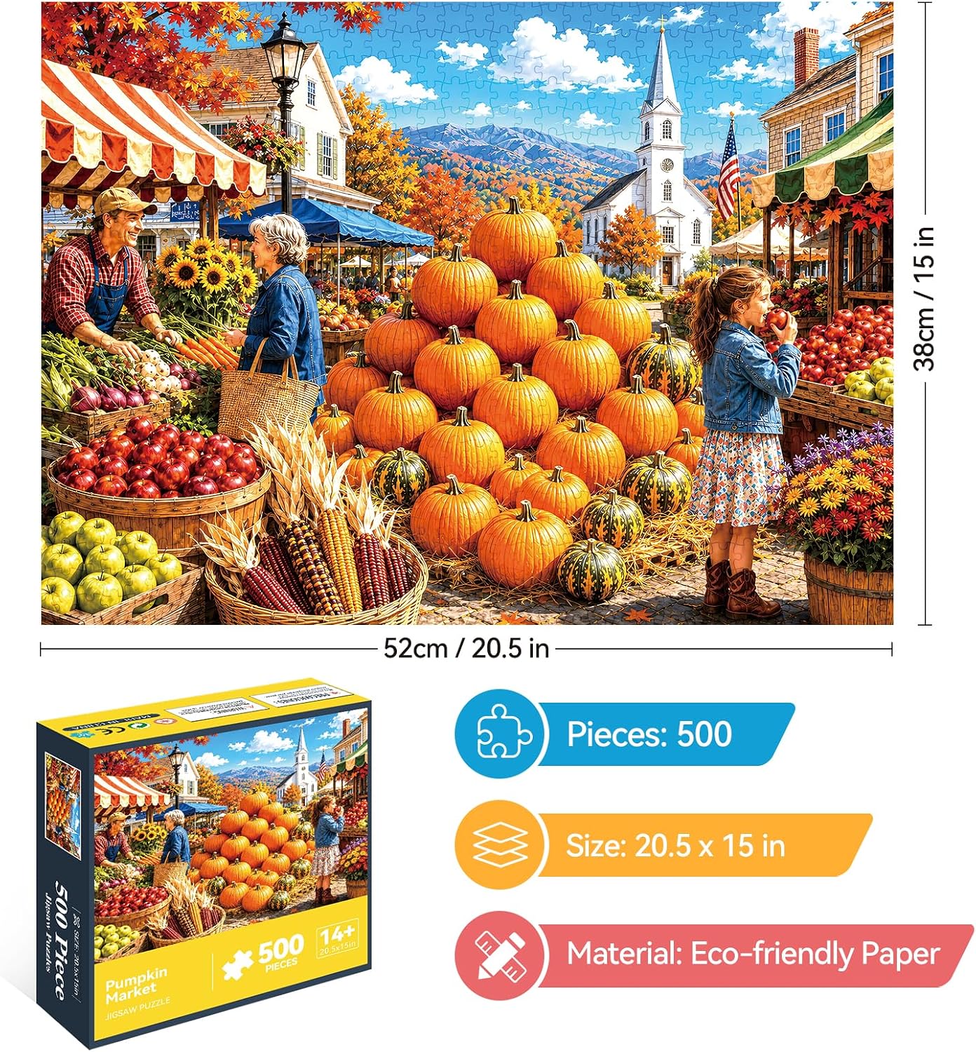 500 Piece Farmers Market Jigsaw Puzzle for Adults, Fall Harvest Scene image 2