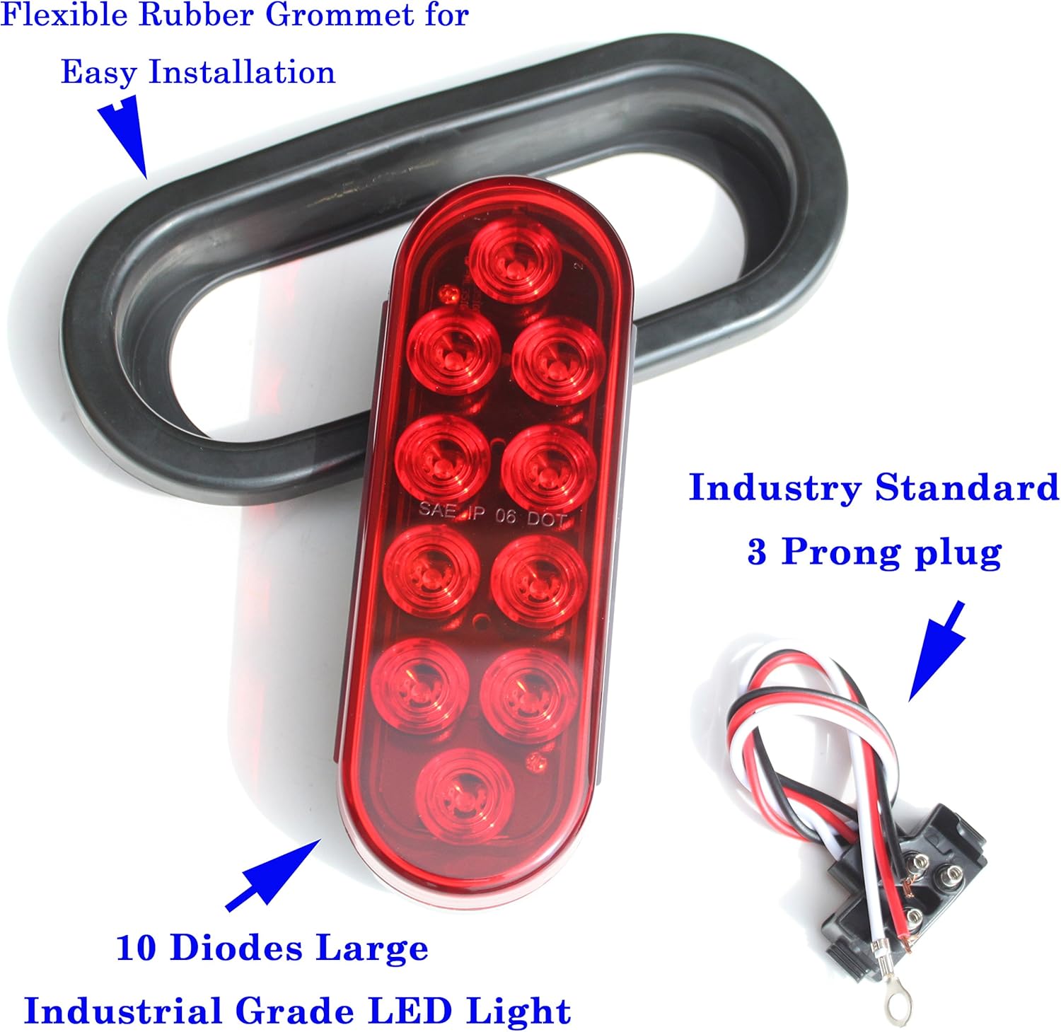 Set of 4 Red Oval Oblong Sealed Stop Turn Signal and Parking LED Light Kit with Grommet and Plug for Truck Trailer