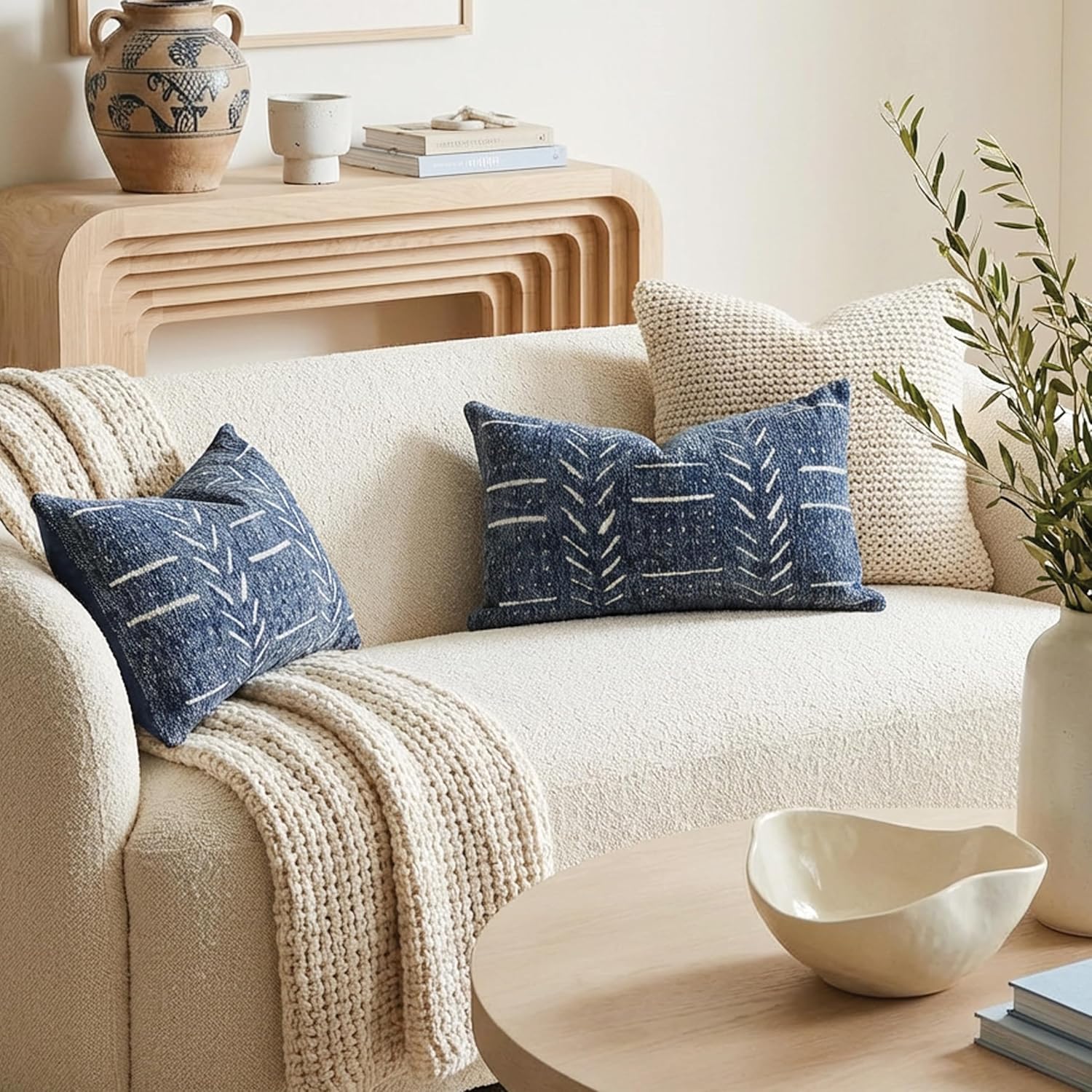 BlissBlush Decorative Lumbar Pillow Covers 12x20 Set of 2, Boho Blue Chenille Accent Rectangular Throw Pillow Covers for Couch Sofa Living Room Home Décor (Cover Only)
