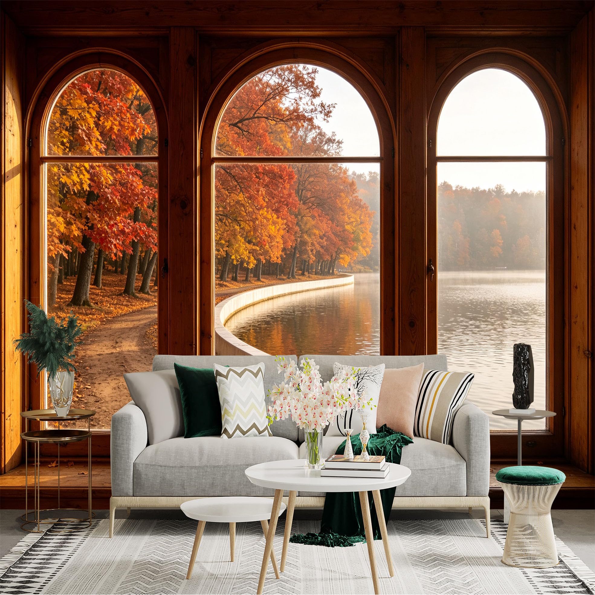 Custom Size Wall Sticker Mural， Autumn Forest View， Serene Lakeside Scenery， Golden Tree Leaves， Through The Window， for wall Decoration， peelandstick wall Decals.
