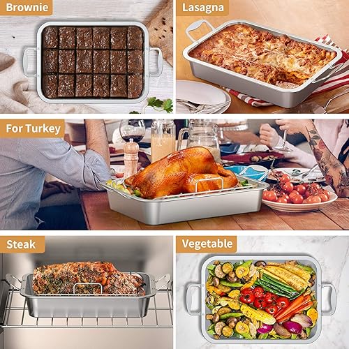 Miniatura 6 de Skyflame Sartén para asar con estante para pavo, acero inoxidable, rectangular, plateado, para hornear, con estante en U antiadherente para cocinar