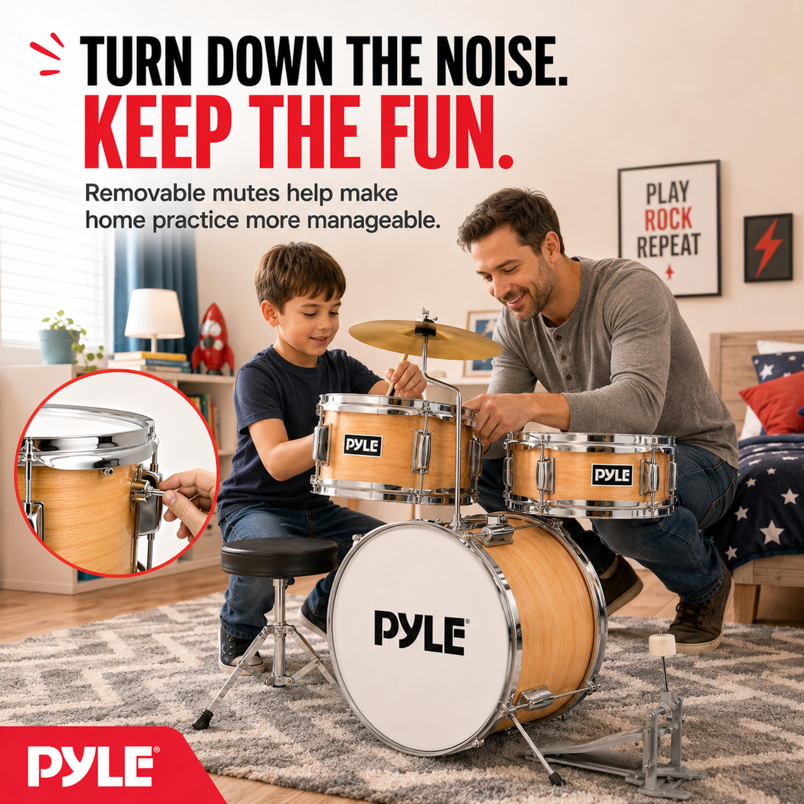 Pyle Set de Batterie Enfant – Kit de Batterie Musique Junior Débutant 3 Pièces avec Grosse Caisse de 33 cm, Caisse Claire, Tom, Cymbale, Siège Réglable, Sourdines, Baguettes, Naturel