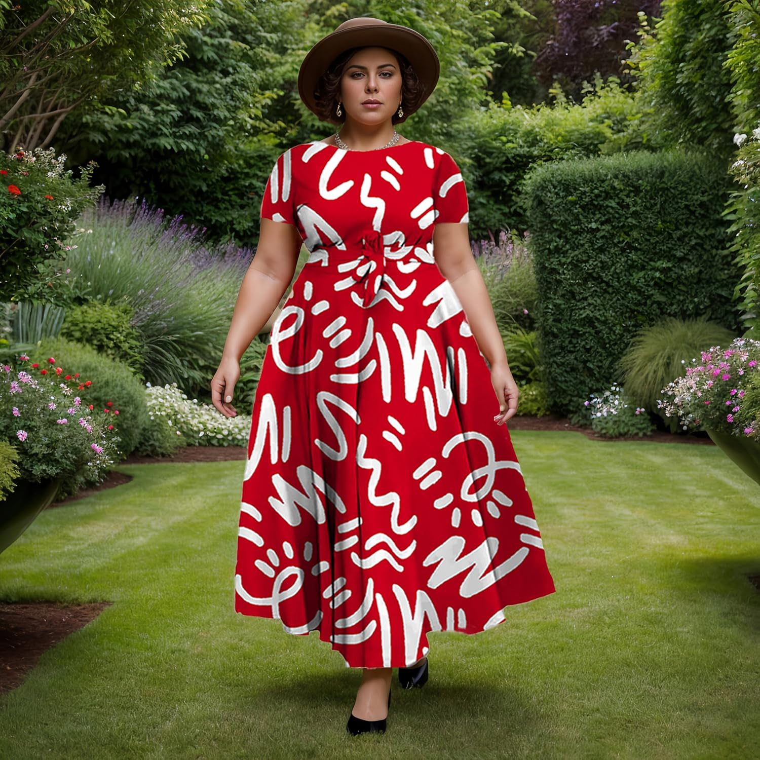 Women Plus Size Formal A Line Maxi Dress Self Tie Waist with Pockets Elegant Round Neck Swing Long Dresses - Image 5