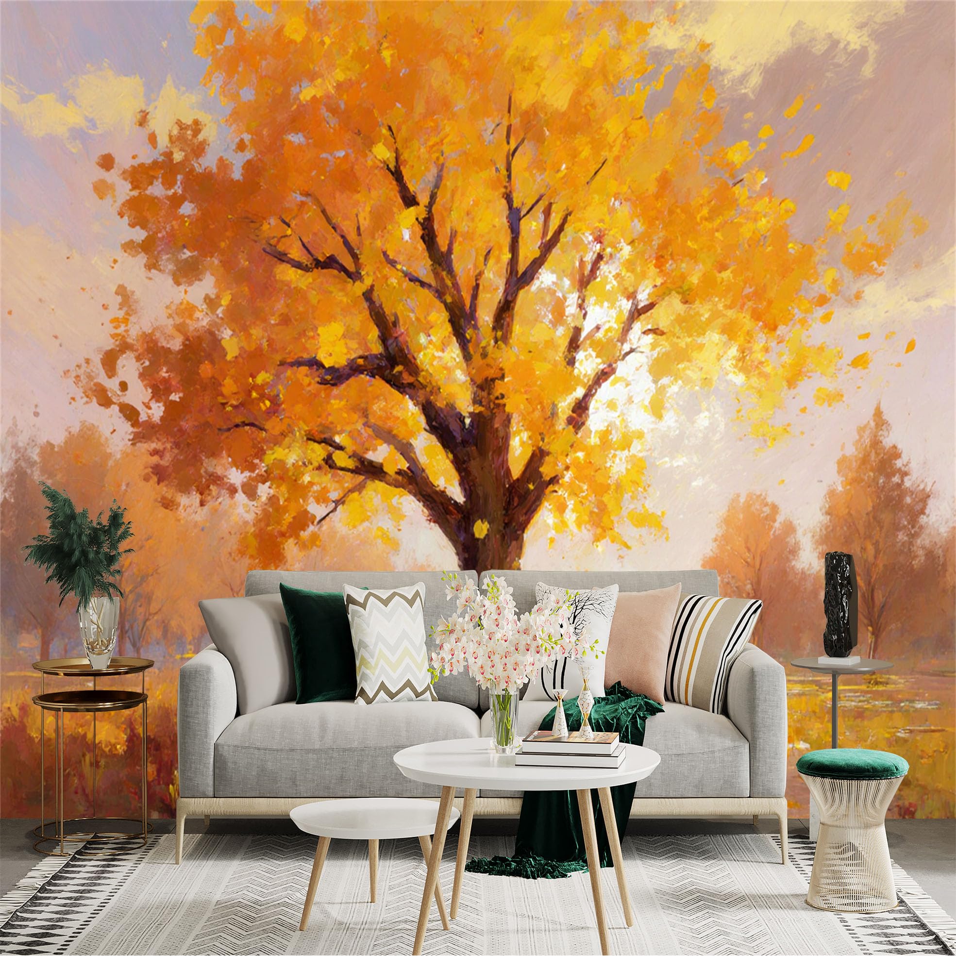 Lnzczhyre Xc260505360 Custom Size Wall Sticker Mural， Golden Autumn Tree With Vibrant Foliage， Impressionist Landscape Art， For Wall Decoration， Peelandstick Wall Decals.