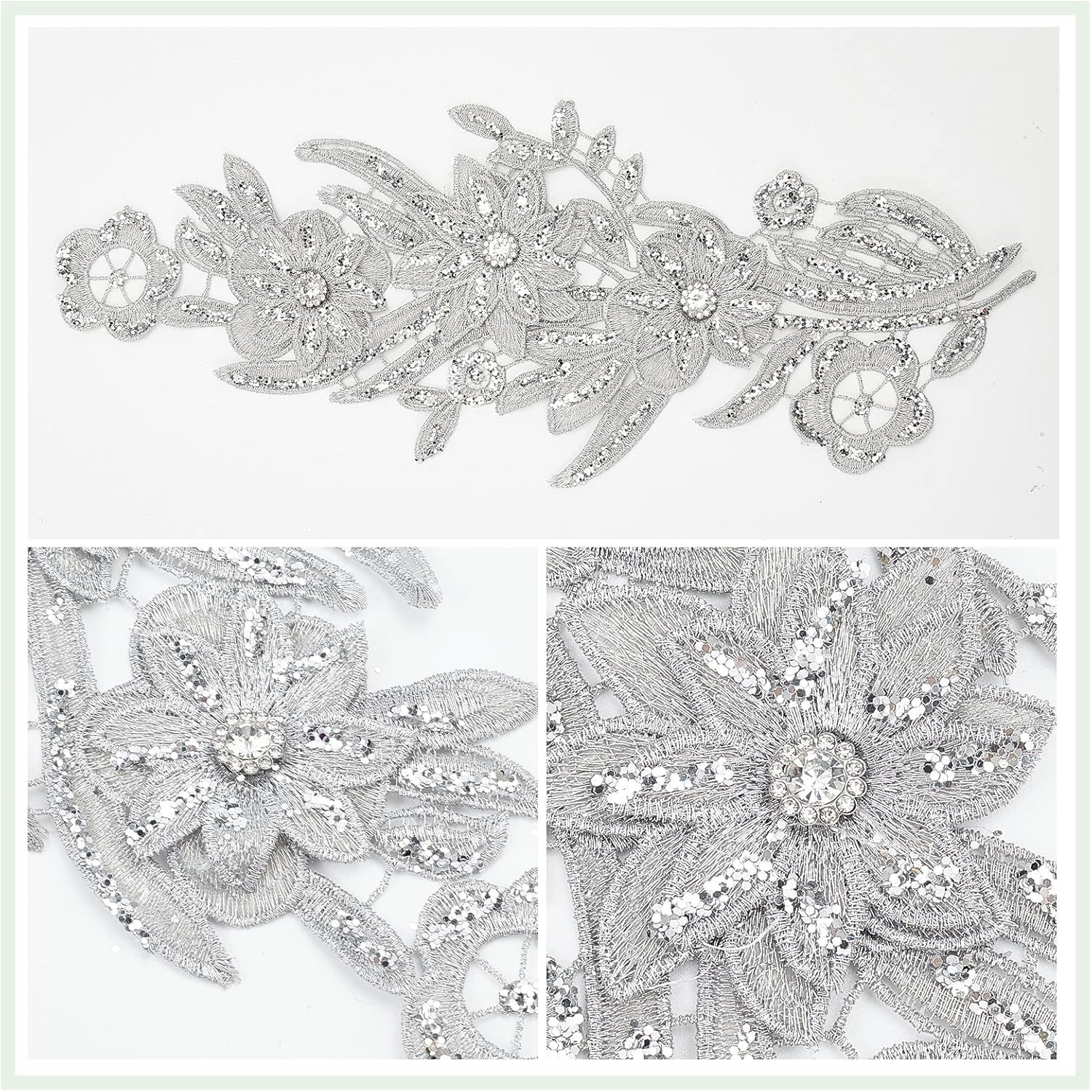 GORGECRAFT Embroidered Car Bone Lace Paste Flower Applique Patches Iron on Garment Accessories Bias Tape Maker Tool Set Kit for Evening Dress Headdress Cuffs, Silver (Pack of 2)