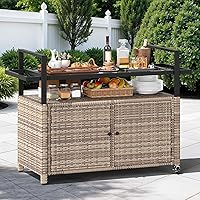 DWVO XL Rattan Outdoor Storage Cabinet with Glass Top - Patio Bar Cart Table on Wheels for Poolside, Backyard, Light Brown