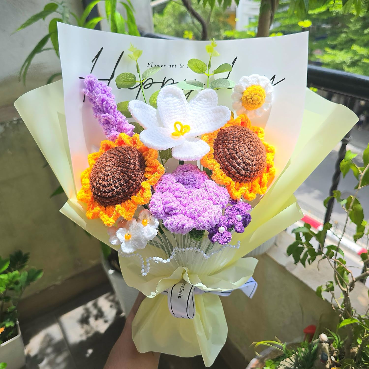 96CRVFT Crochet Flower Bouquet – Handmade Knitted Sunflower Tulips Rose Lavender Crochet Flowers, Bouquet Gift for Graduation, Anniversary, Valentine, Weddings, Birthdays, Mother's Day