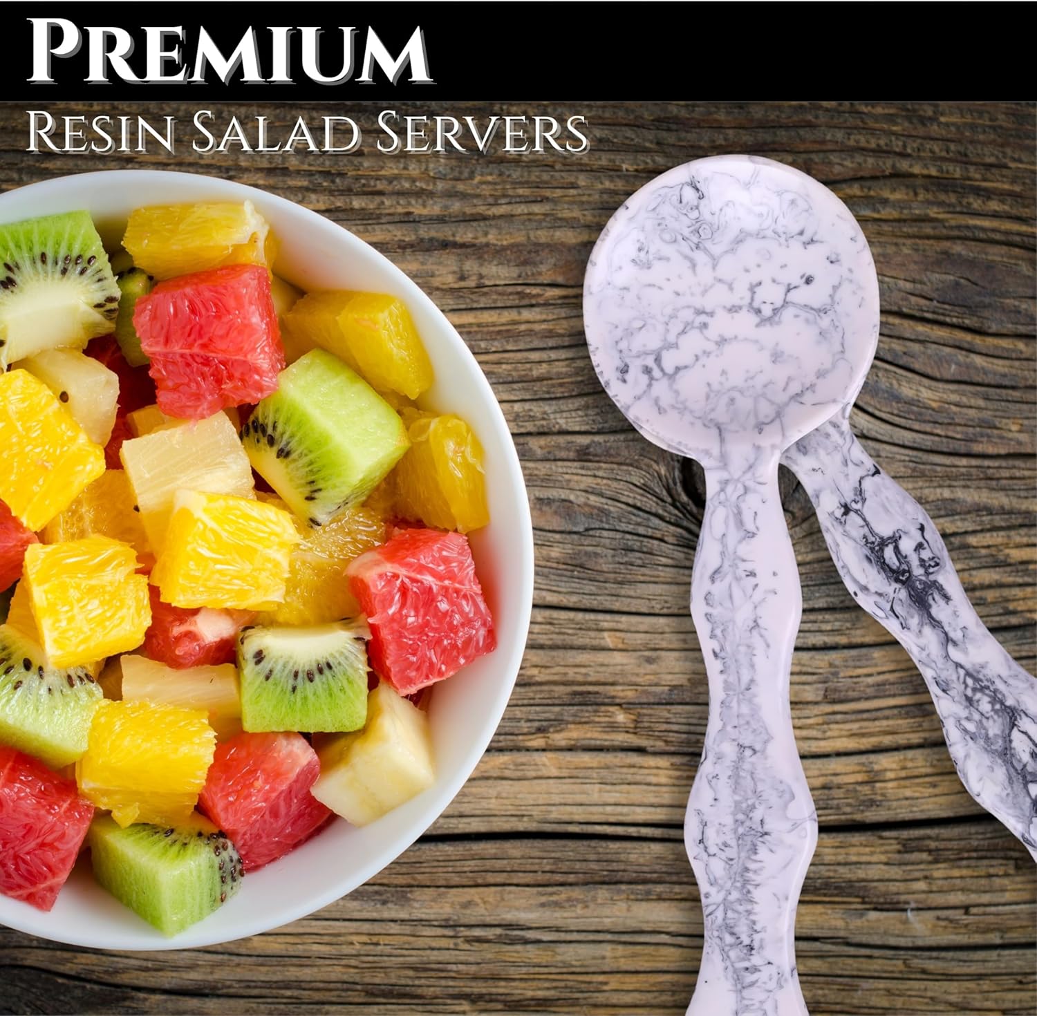 Salad Servers, Resin Salad Tongs, Long Handle Salad Server Set for Mixing, Tossing and Cooking (Salad Spoon and Fork Set) (Black & White)