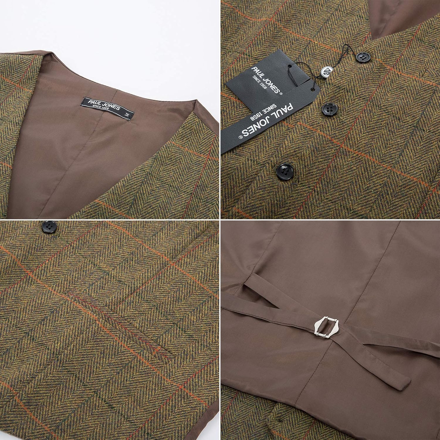 PJ PAUL JONES Men's Herringbone Tweed Suit Vest Casual Wool Blend Waistcoat - Image 5