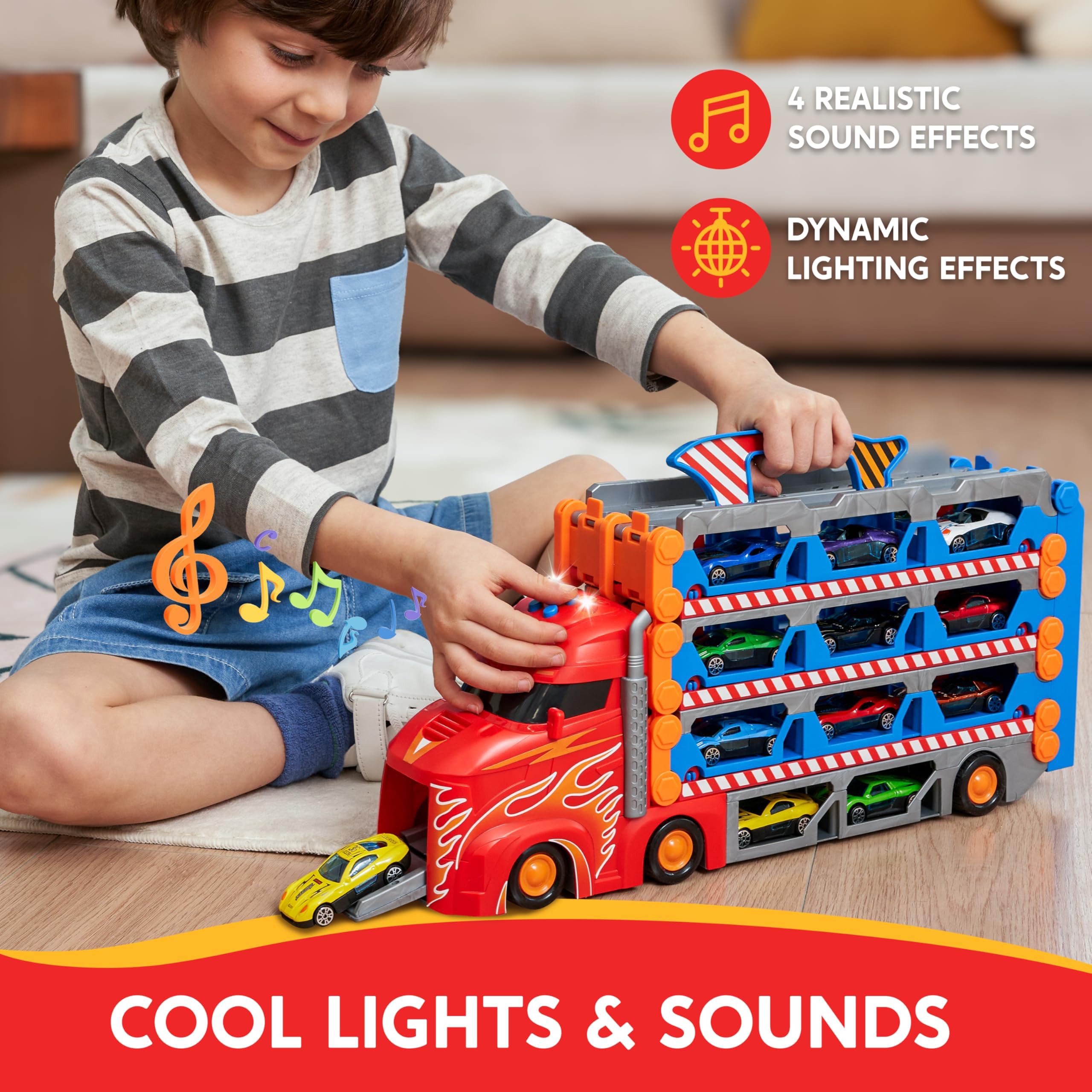 SYNCFUN Transport Race Truck Toy Cars, 2,4 m, gigantyczny tor wyścigowy, składana ciężarówka-transporter, 3-poziomowy zestaw z 12 samochodami, światłami i dźwiękami, prezent dla chłopców w wieku 3, 4