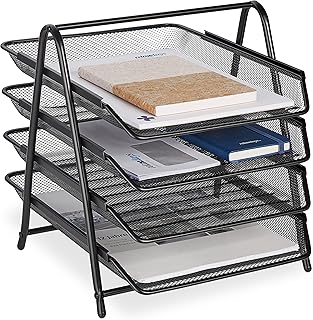 Relaxdays Dokumentenablage, 4 Fächer, Mesh-Metall, Briefablage für A4, HxBxT: 32,5 x 30 x 35,5 cm, Ablagesystem, schwarz