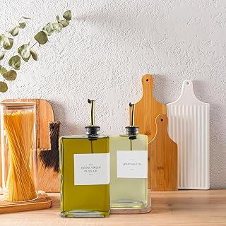 Glass Olive Oil Bottle Set – 2 Pack (350ML Each) | Oil & Vinegar Dispenser with 4 Pour Spouts (2 Gold & 2 Silver), 36 Labels | Leakproof Glass Dispensers for Cooking, Soy Sauce, Syrup & Storage