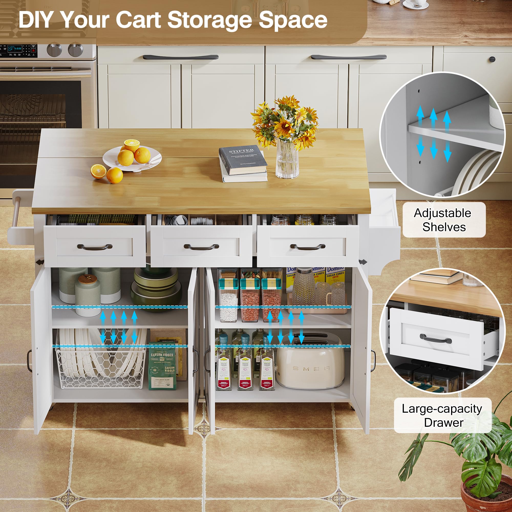 WheewithRac - Carrello pieghevole a isola con credenza salvaspazio e armadietto, facile da montare, porta asciugamani per sala da pranzo, colore: bianco
