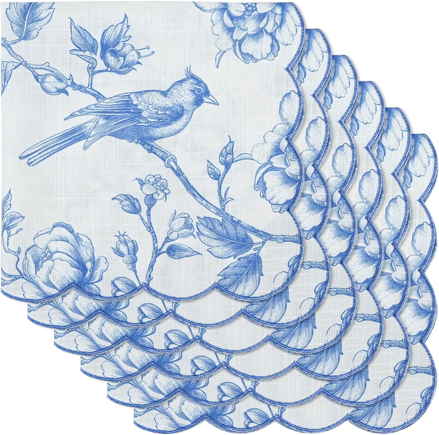 Blue White Floral Cloth Napkins Set of 6, 18 x 18 Inch Chinoiserie Dinner Napkins with Scalloped Embroidered Edge, Soft Washable Bamboo Fiber Blend Napkins for Wedding Holiday Party Decoration
